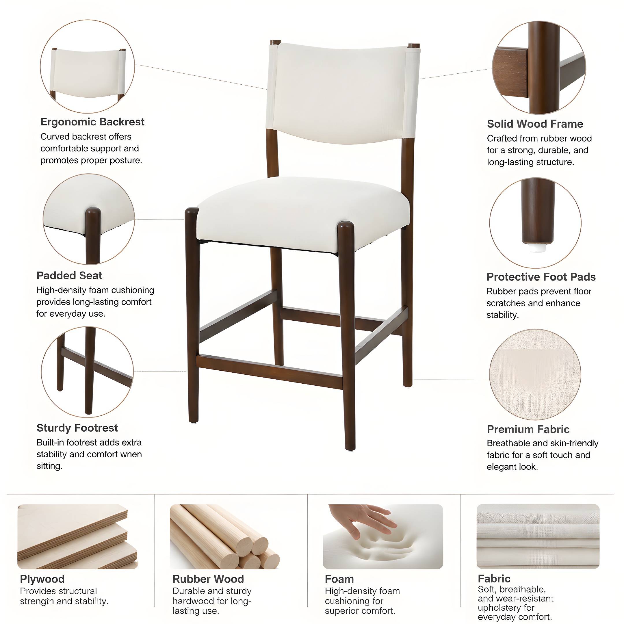 26.4" Solid Wood Counter Height Barstools, Modern Bar Stools Set of 2, Linen Upholstered Kitchen Island Chair With Walnut-Finished Wood Legs for Home Bar Coffee Shop,Beige - Image 2
