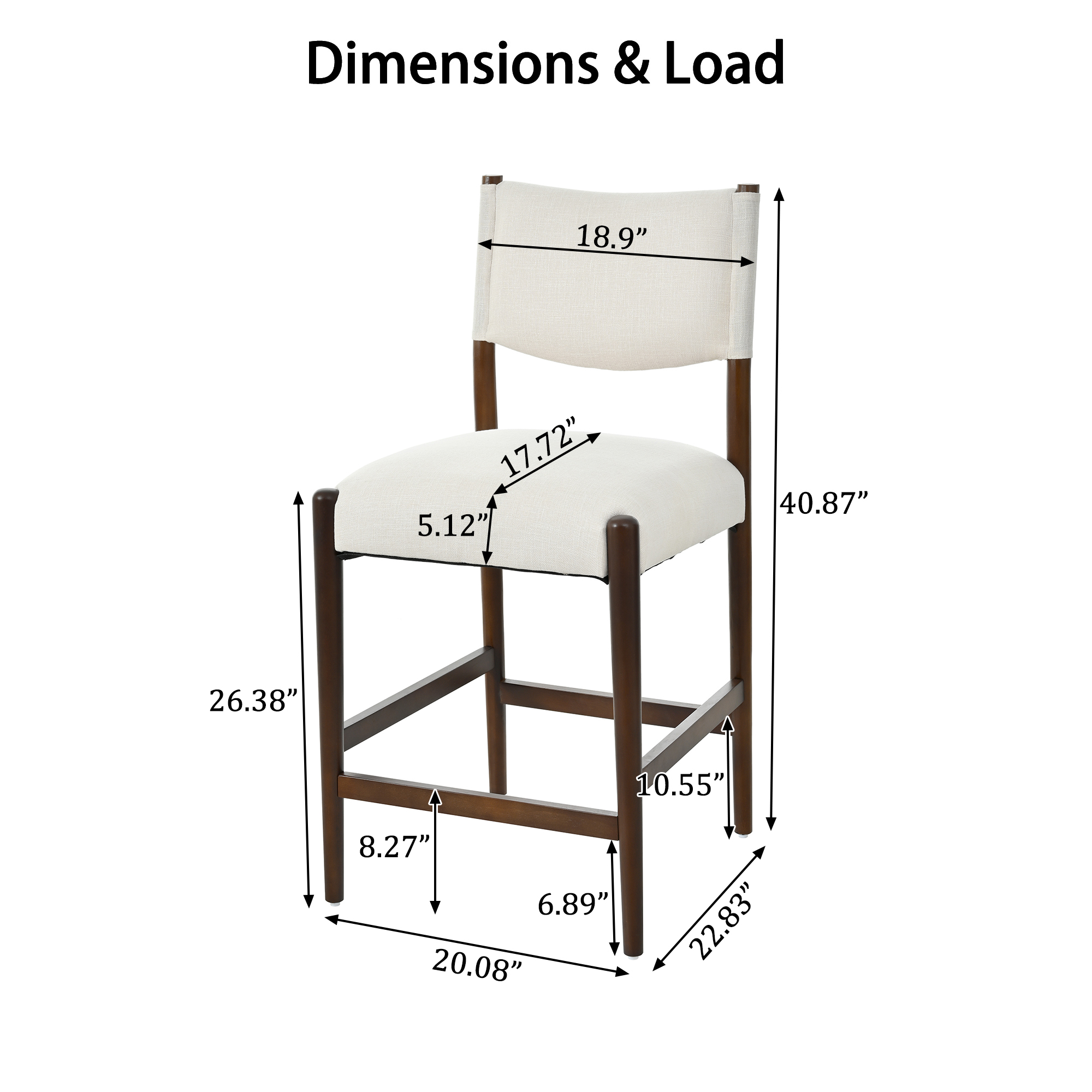 26.4" Solid Wood Counter Height Barstools, Modern Bar Stools Set of 2, Linen Upholstered Kitchen Island Chair With Walnut-Finished Wood Legs for Home Bar Coffee Shop,Beige - Image 3