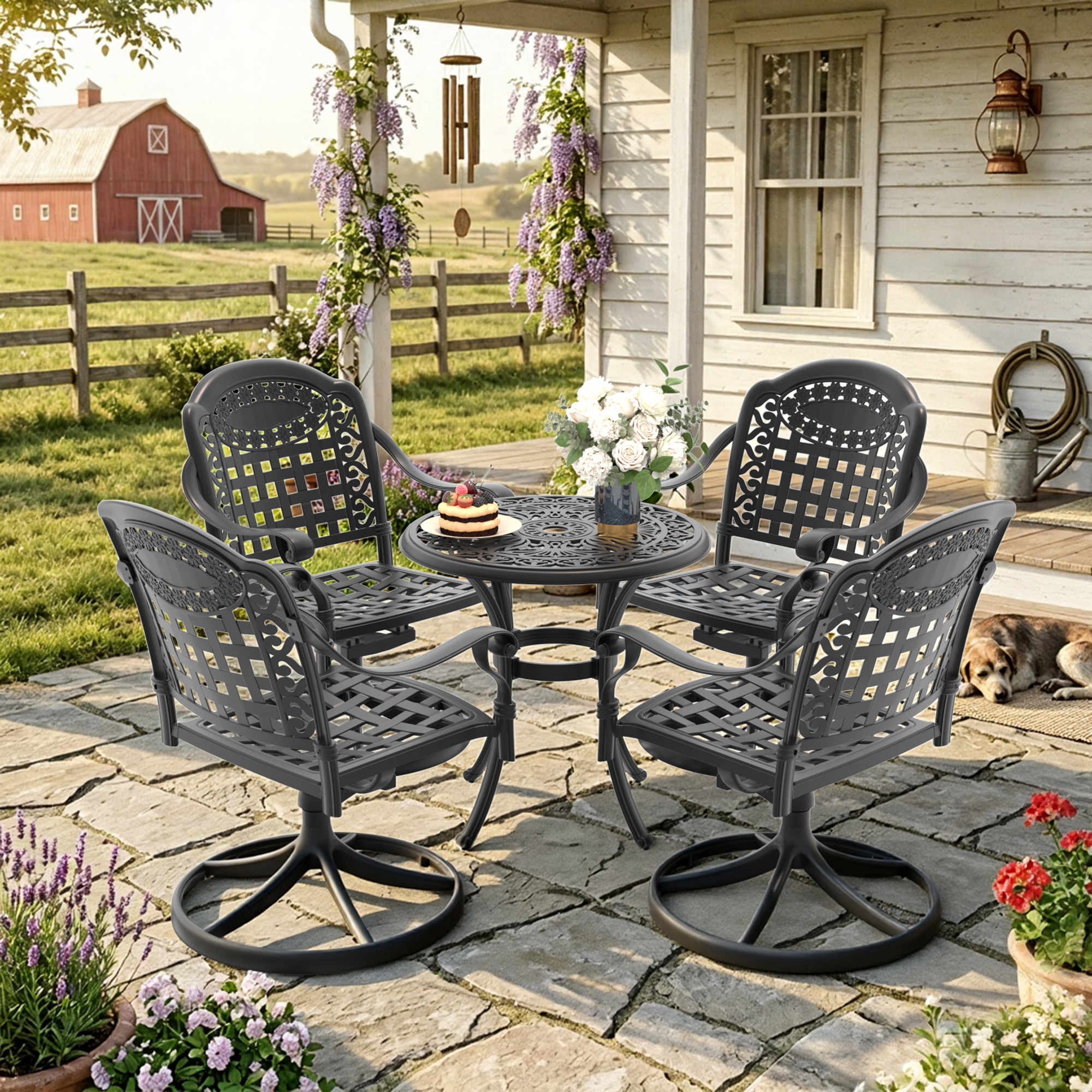 5-Piece All-Weather Cast Aluminum Dining Set, Include 4 Swivel Chairs and 26.77" Round Table With Black Frame - Image 2