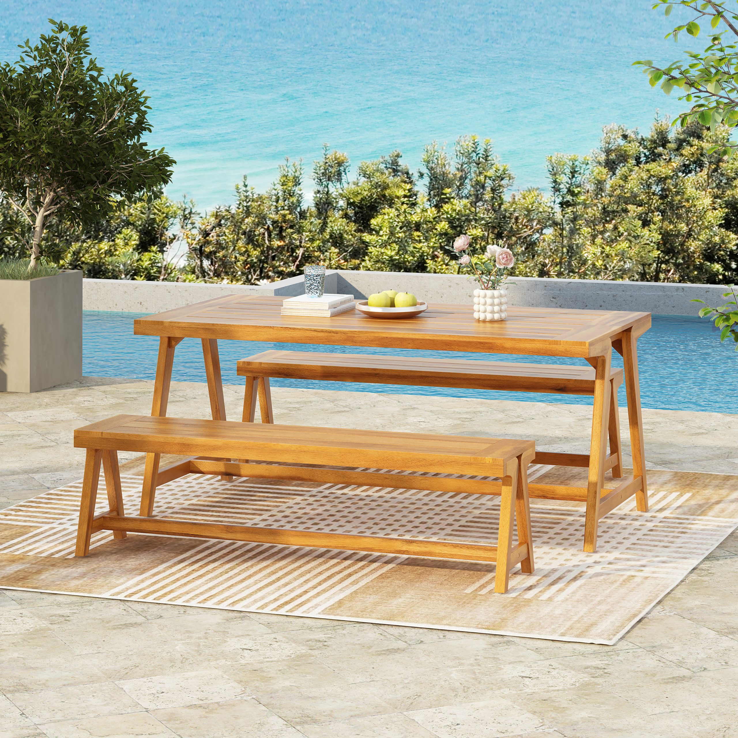 Outdoor 3-Piece Picnic Table Set, Contemporary Acacia Wood Patio Dining Set with Benches - All-Weather & Compact for Balcony, Deck, Camping (Original SKU:74464.00_74463.00) - Image 4
