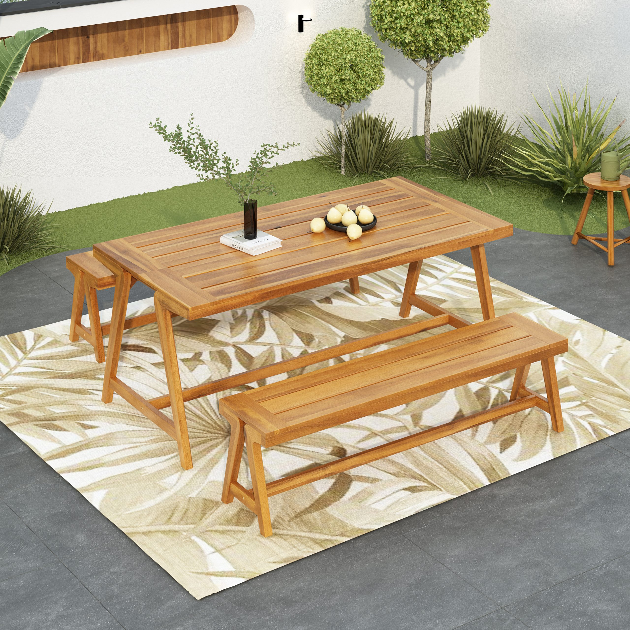 Outdoor 3-Piece Picnic Table Set, Contemporary Acacia Wood Patio Dining Set with Benches - All-Weather & Compact for Balcony, Deck, Camping (Original SKU:74464.00_74463.00) - Image 5