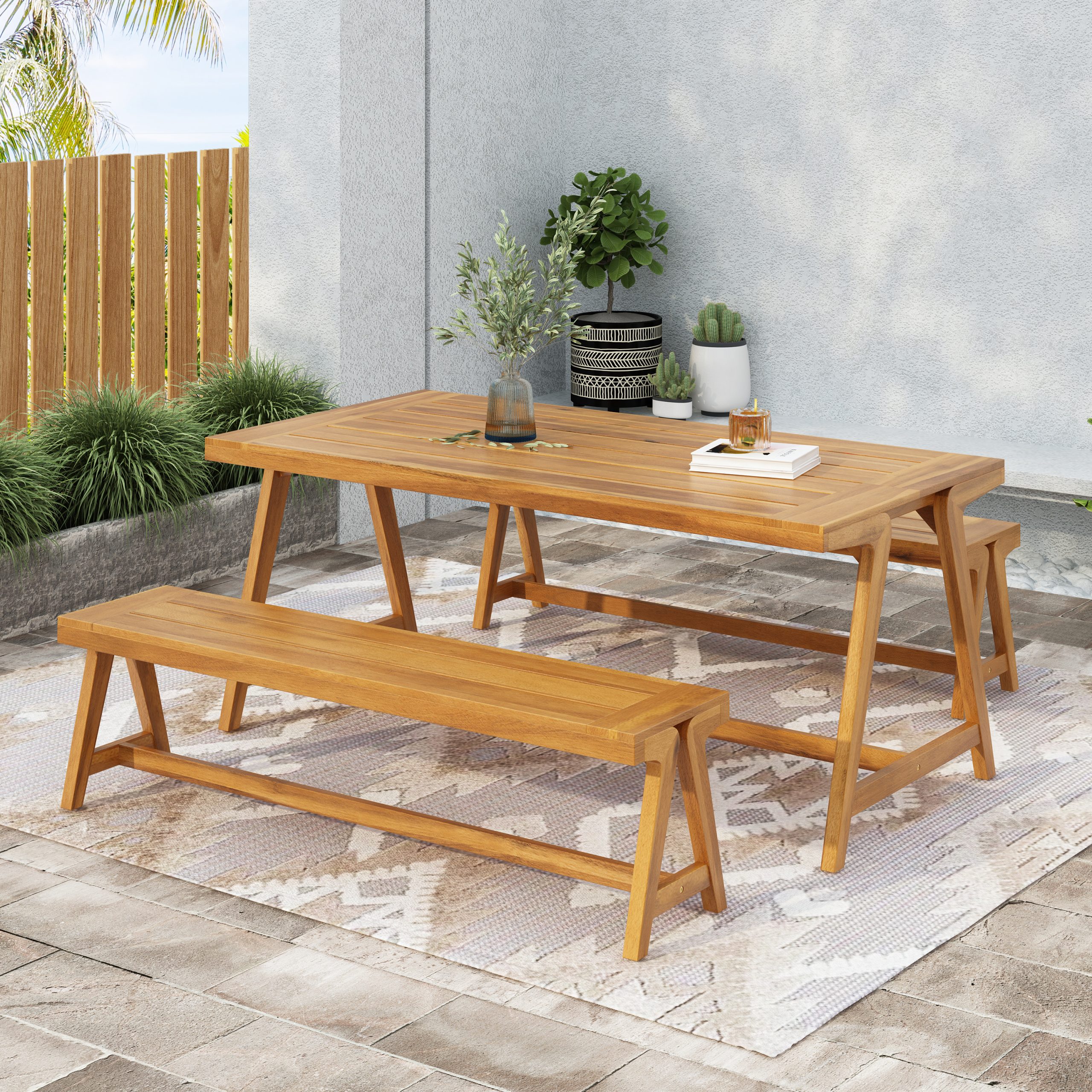 Outdoor 3-Piece Picnic Table Set, Contemporary Acacia Wood Patio Dining Set with Benches - All-Weather & Compact for Balcony, Deck, Camping (Original SKU:74464.00_74463.00) - Image 6