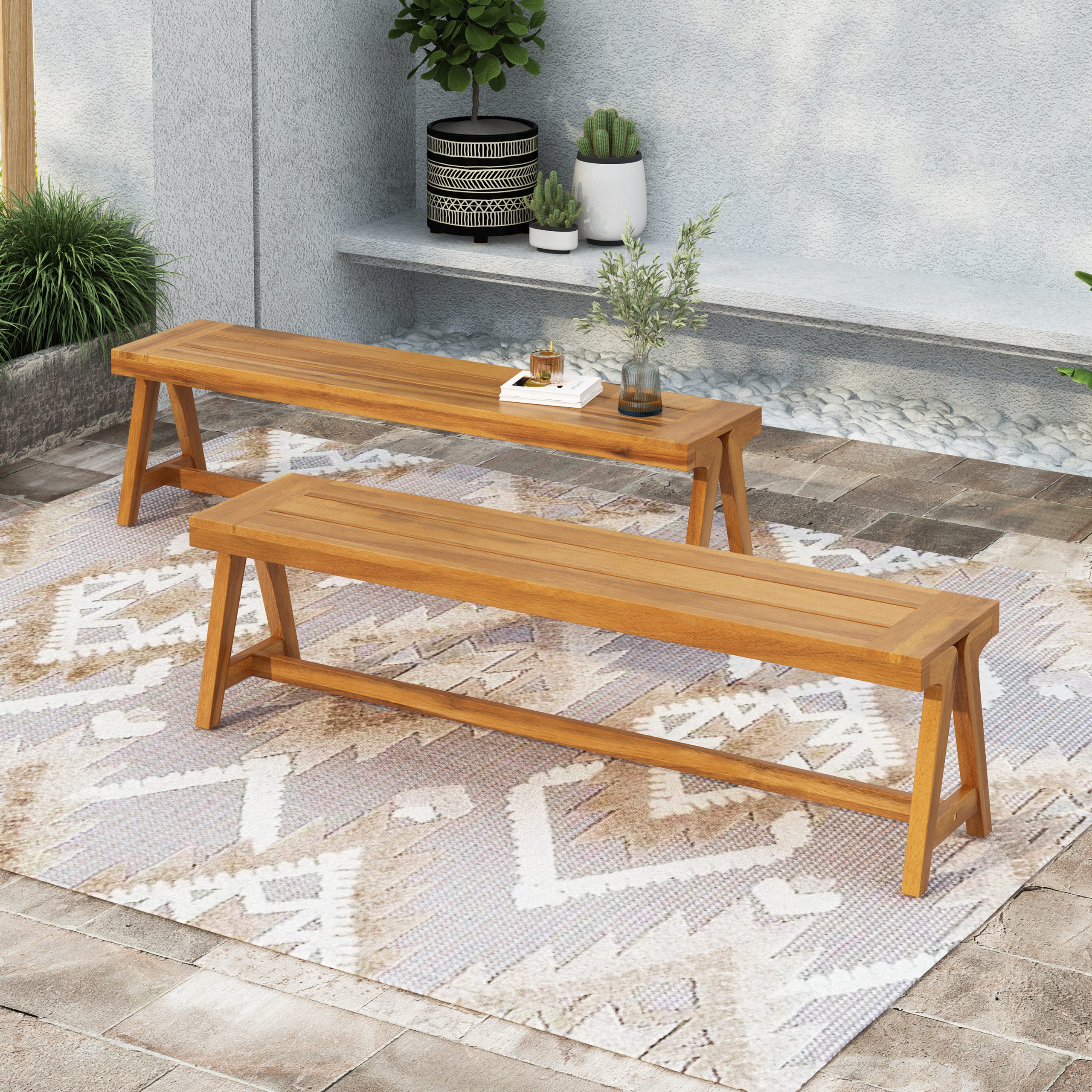 Outdoor Dining Benches (Set of 2), Contemporary Acacia Wood Patio Bench with Teak Finish - All-Weather Garden, Deck, Poolside Seating (Original SKU:74464.00) - Image 3