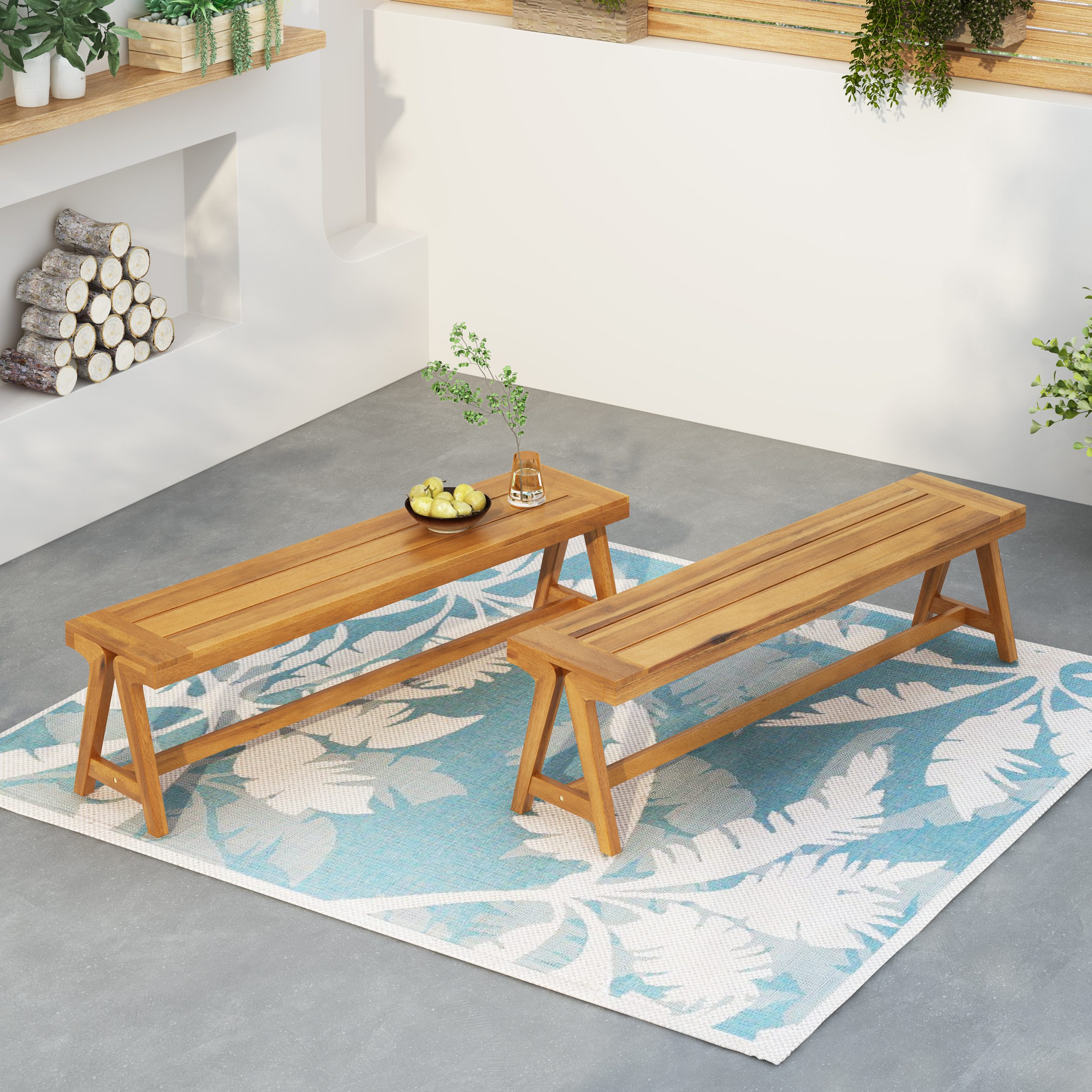 Outdoor Dining Benches (Set of 2), Contemporary Acacia Wood Patio Bench with Teak Finish - All-Weather Garden, Deck, Poolside Seating (Original SKU:74464.00) - Image 4