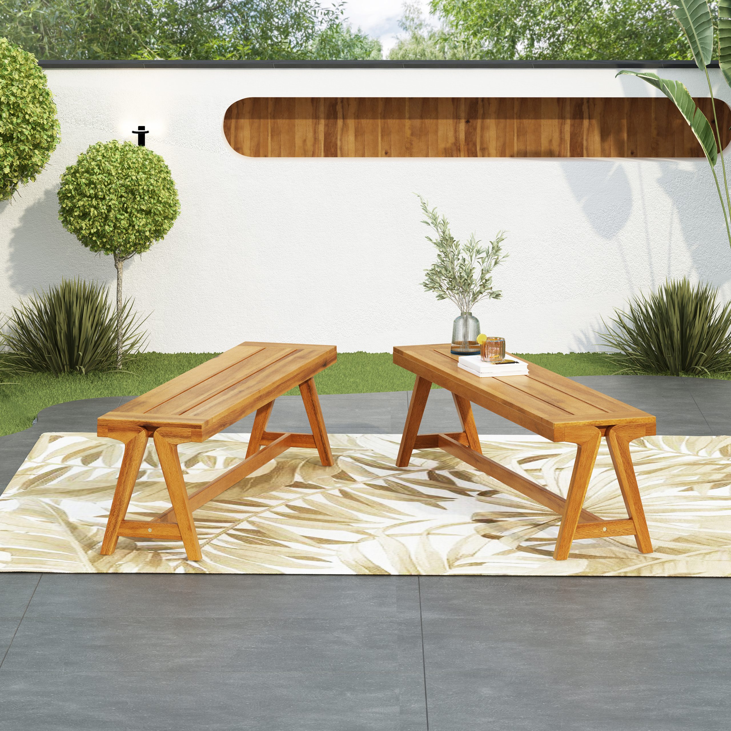 Outdoor Dining Benches (Set of 2), Contemporary Acacia Wood Patio Bench with Teak Finish - All-Weather Garden, Deck, Poolside Seating (Original SKU:74464.00) - Image 5