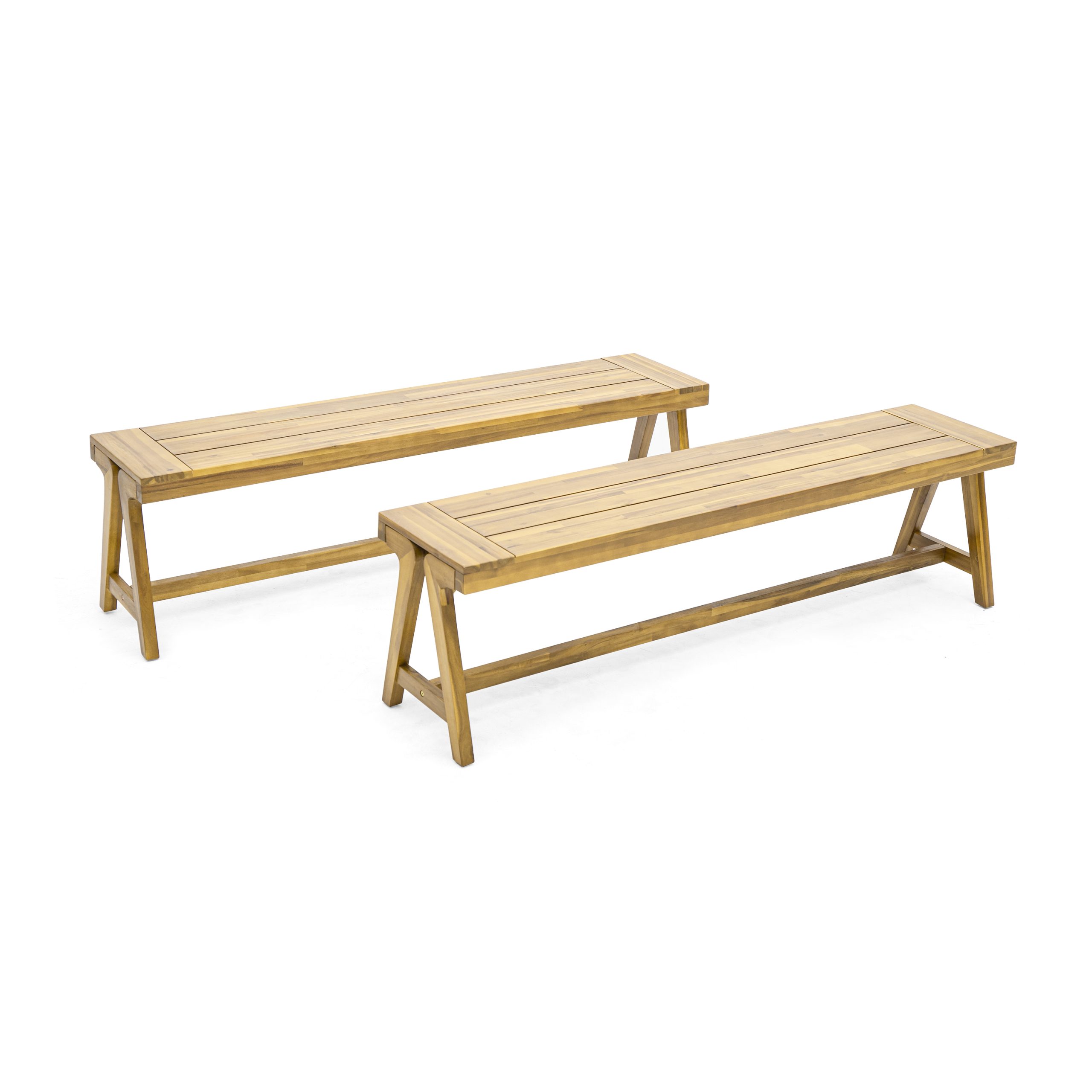 Outdoor Dining Benches (Set of 2), Contemporary Acacia Wood Patio Bench with Teak Finish - All-Weather Garden, Deck, Poolside Seating (Original SKU:74464.00) - Image 6