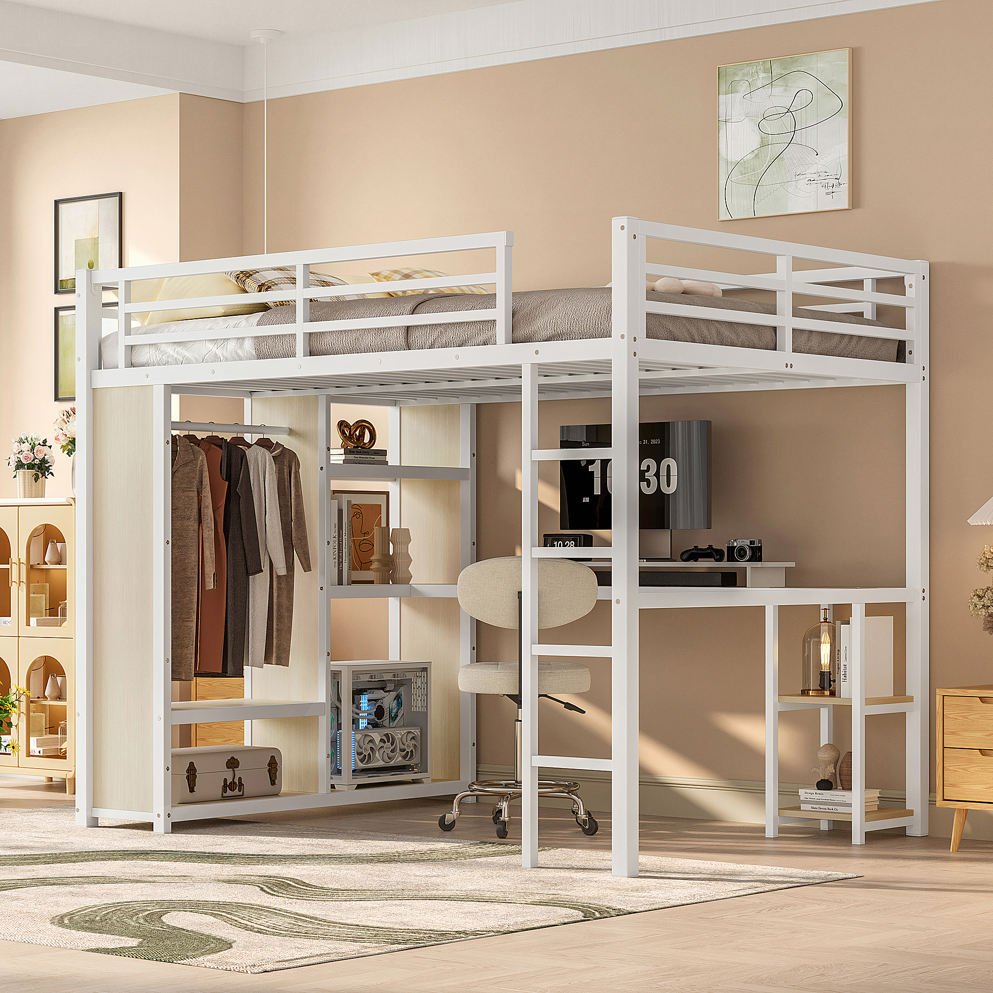 Queen Size Loft Bed Frame with Built-in Wardrobe, Metal Loft Bed with Desk and Storage Shelves, White Wood-grain - Image 1