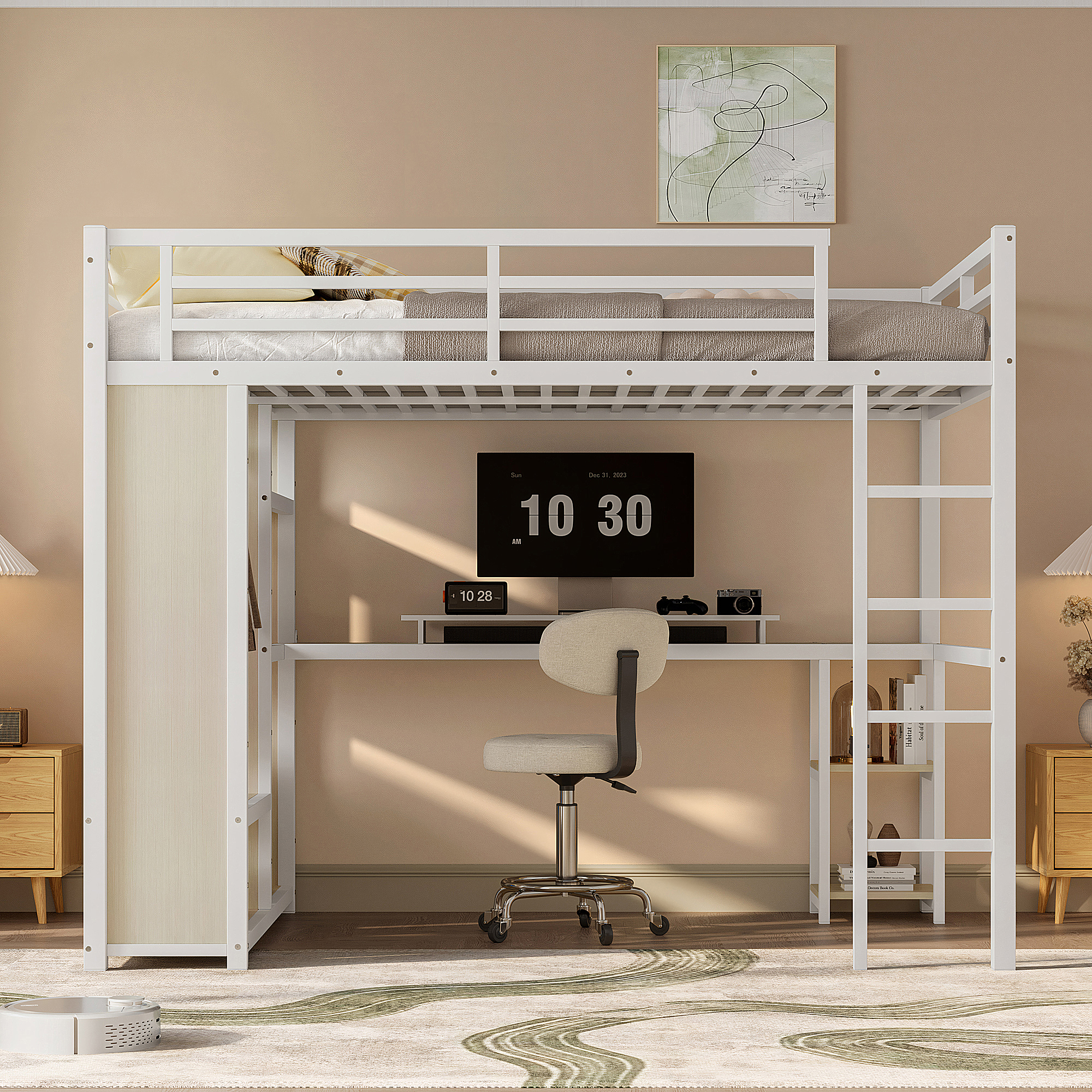Queen Size Loft Bed Frame with Built-in Wardrobe, Metal Loft Bed with Desk and Storage Shelves, White Wood-grain - Image 2