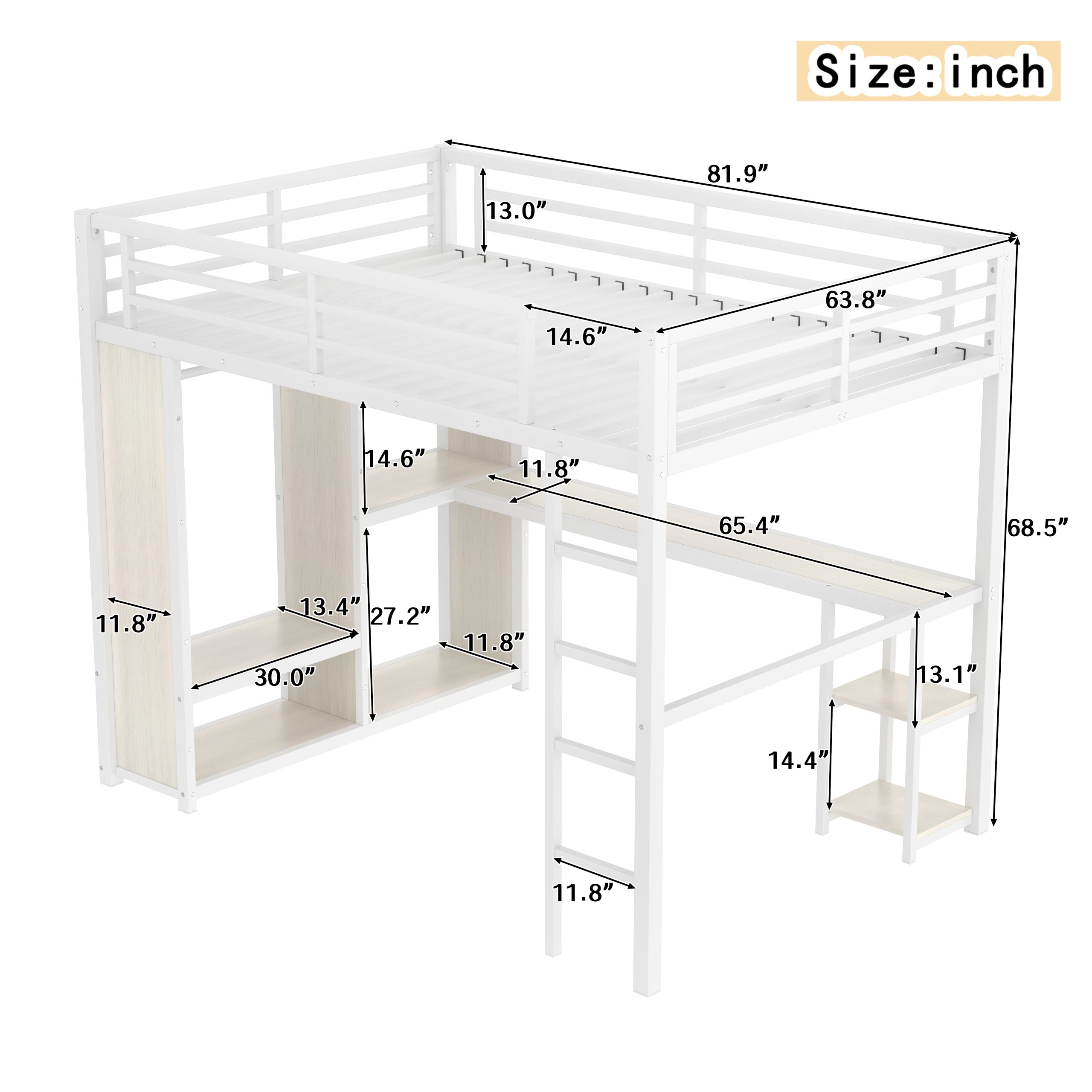 Queen Size Loft Bed Frame with Built-in Wardrobe, Metal Loft Bed with Desk and Storage Shelves, White Wood-grain - Image 3
