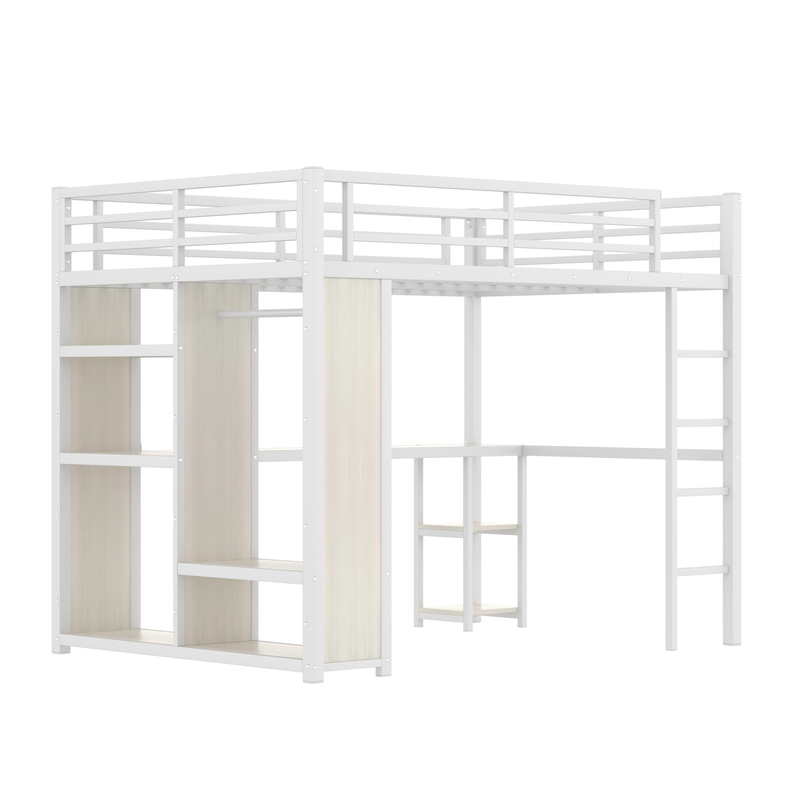 Queen Size Loft Bed Frame with Built-in Wardrobe, Metal Loft Bed with Desk and Storage Shelves, White Wood-grain - Image 4