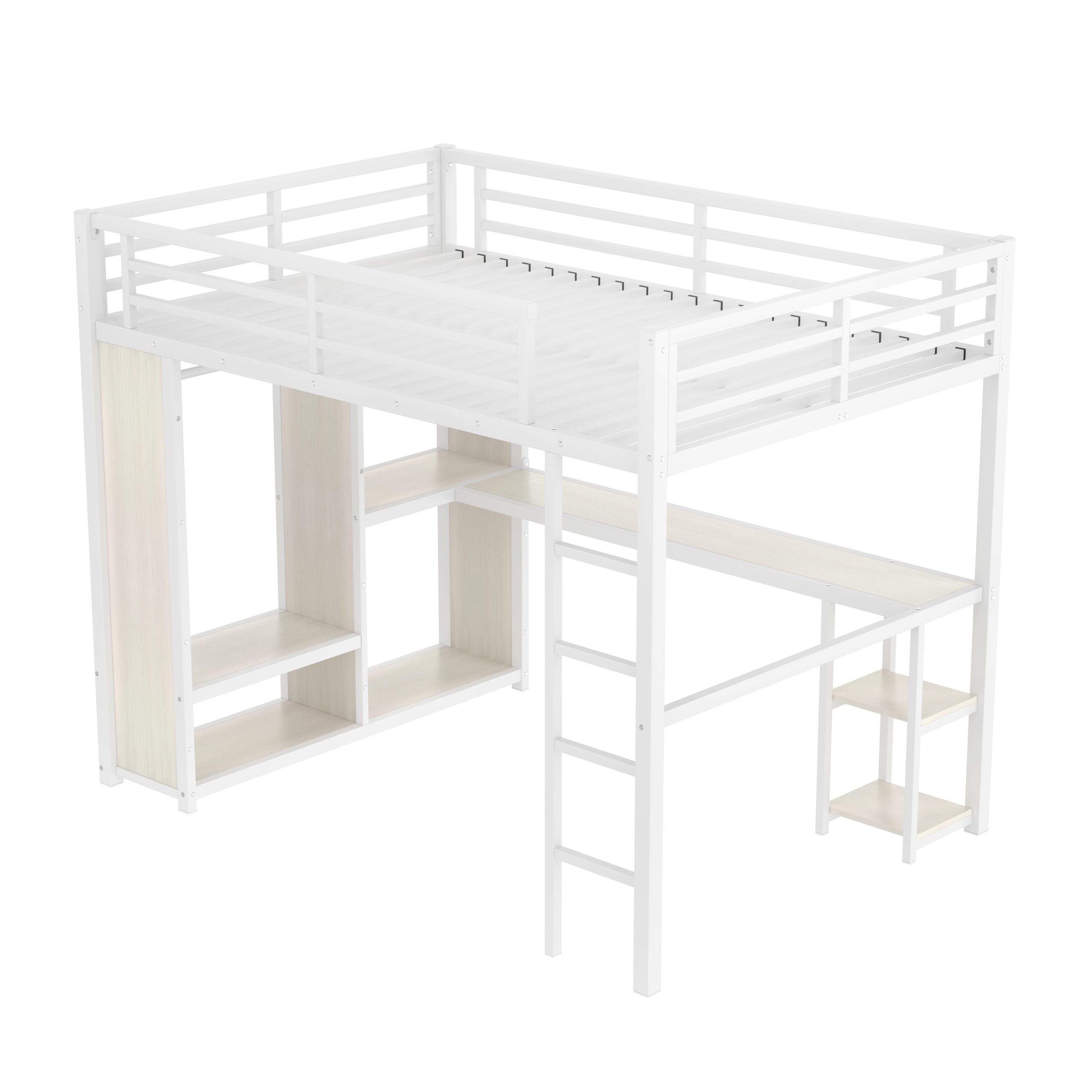 Queen Size Loft Bed Frame with Built-in Wardrobe, Metal Loft Bed with Desk and Storage Shelves, White Wood-grain - Image 5