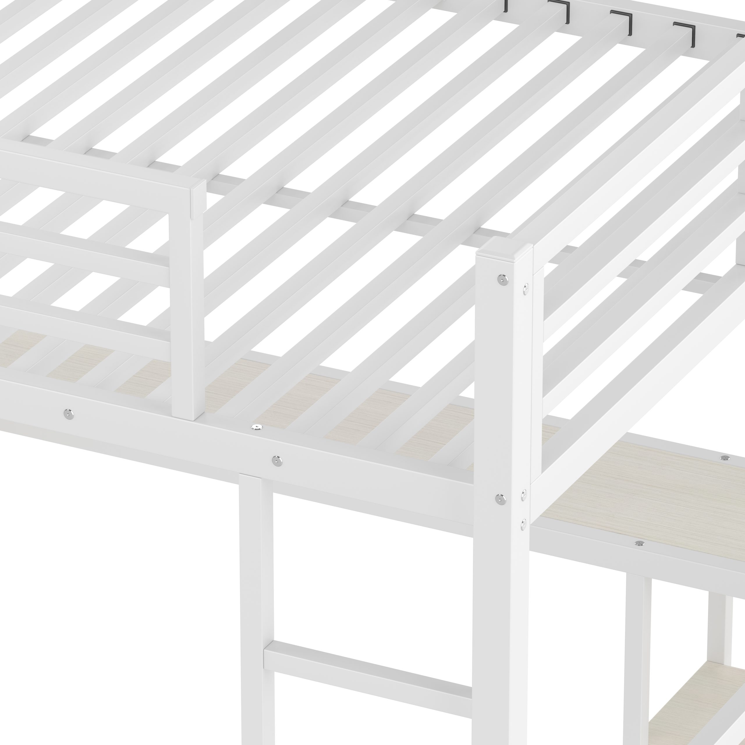 Queen Size Loft Bed Frame with Built-in Wardrobe, Metal Loft Bed with Desk and Storage Shelves, White Wood-grain - Image 6