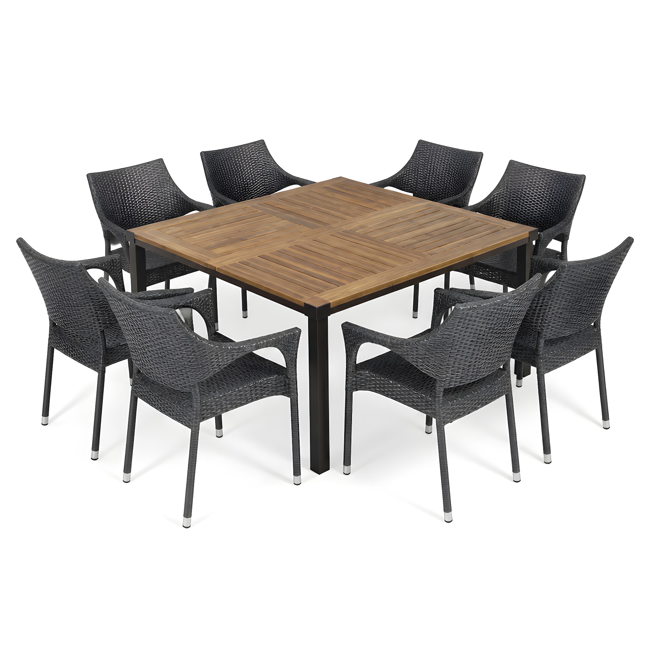 9 PCS Outdoor Dining Set ,64" Large Solid Wood Table and Grey Wicker Chairs for 8 for Patio, Deck, Backyard, Teak Finish - Image 2