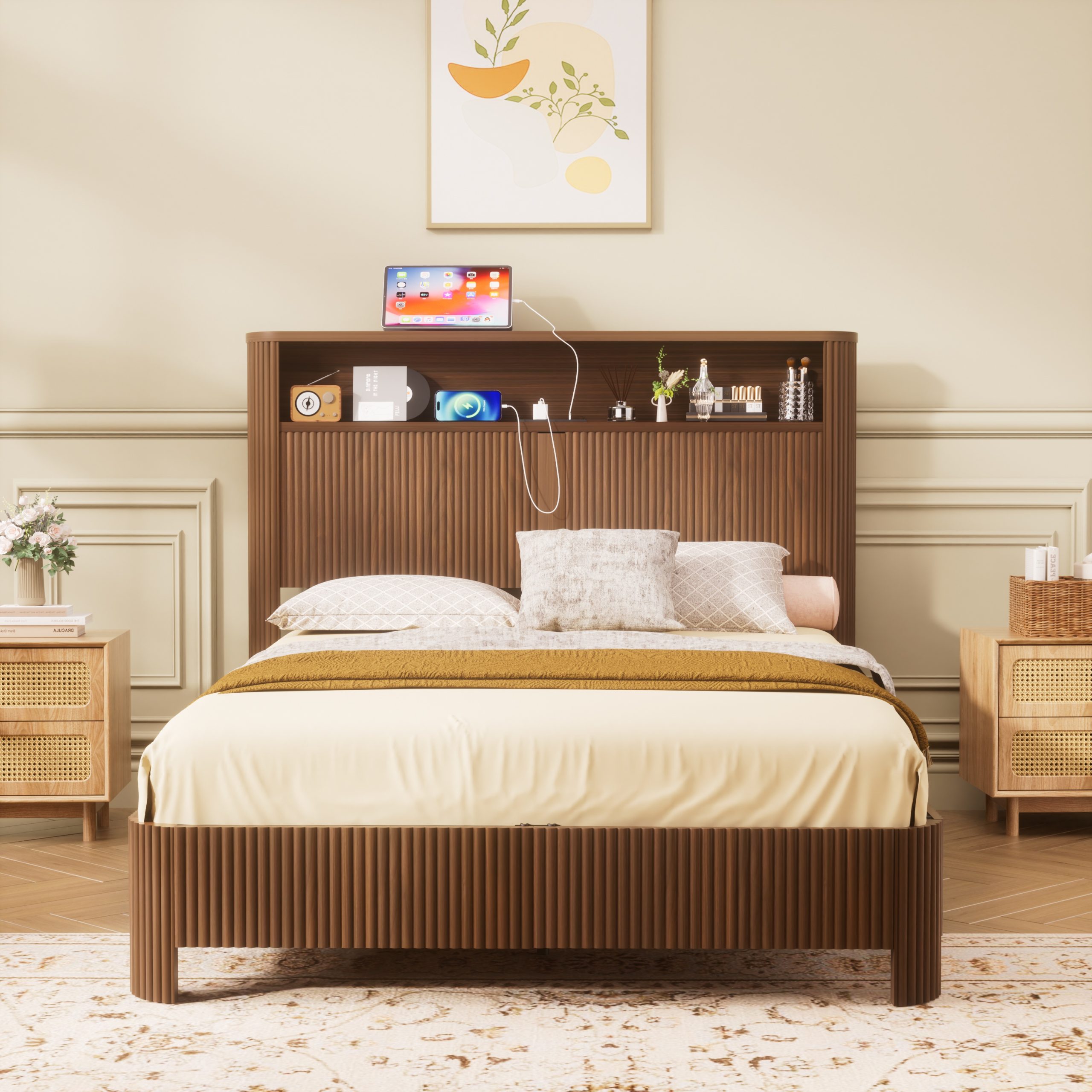 Full Extra Long(Full XL) Size bed frame with storage headboard, built-in charging station, wavy curved lines design, silent operation, metal support, Walnut