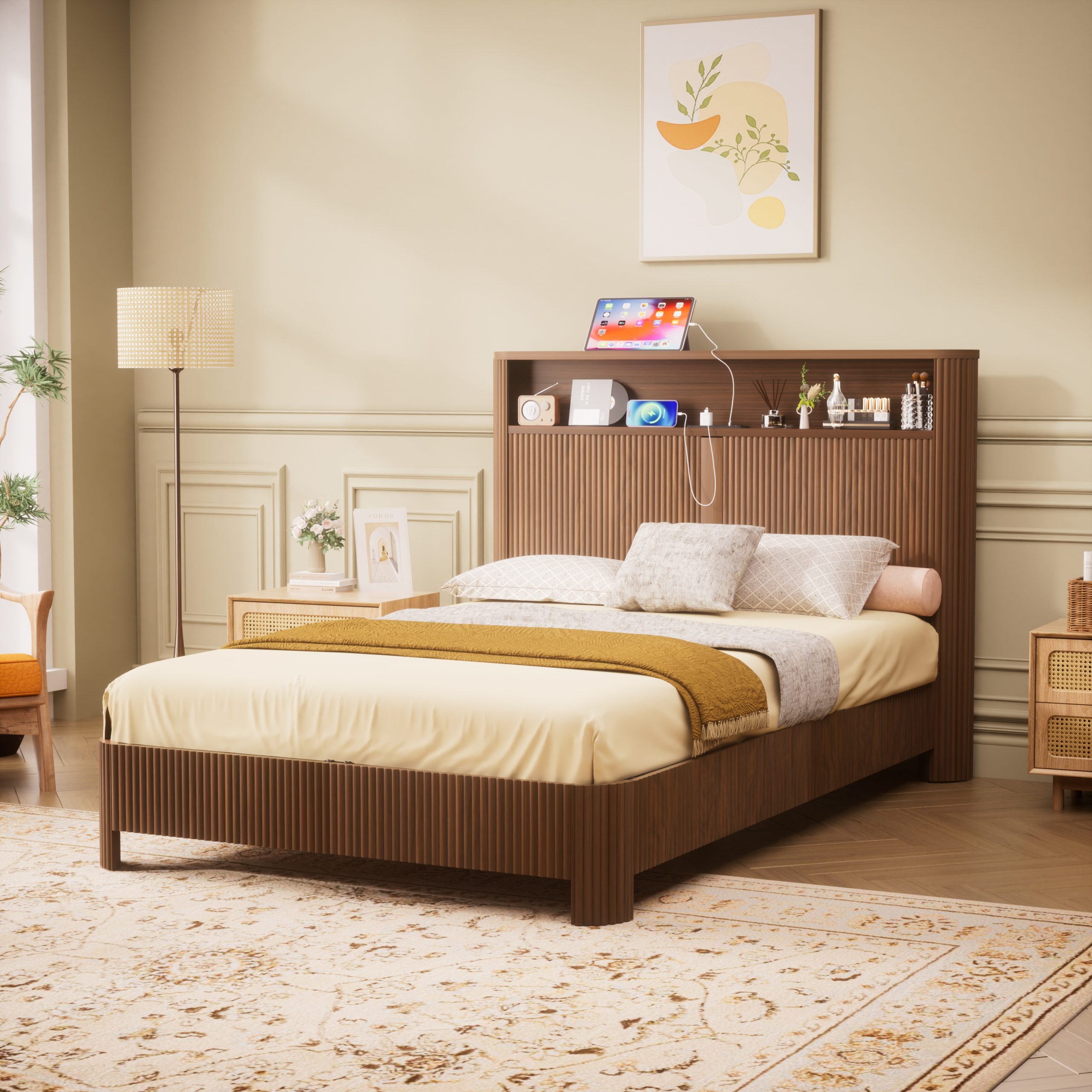 Full Extra Long(Full XL) Size bed frame with storage headboard, built-in charging station, wavy curved lines design, silent operation, metal support, Walnut - Image 2