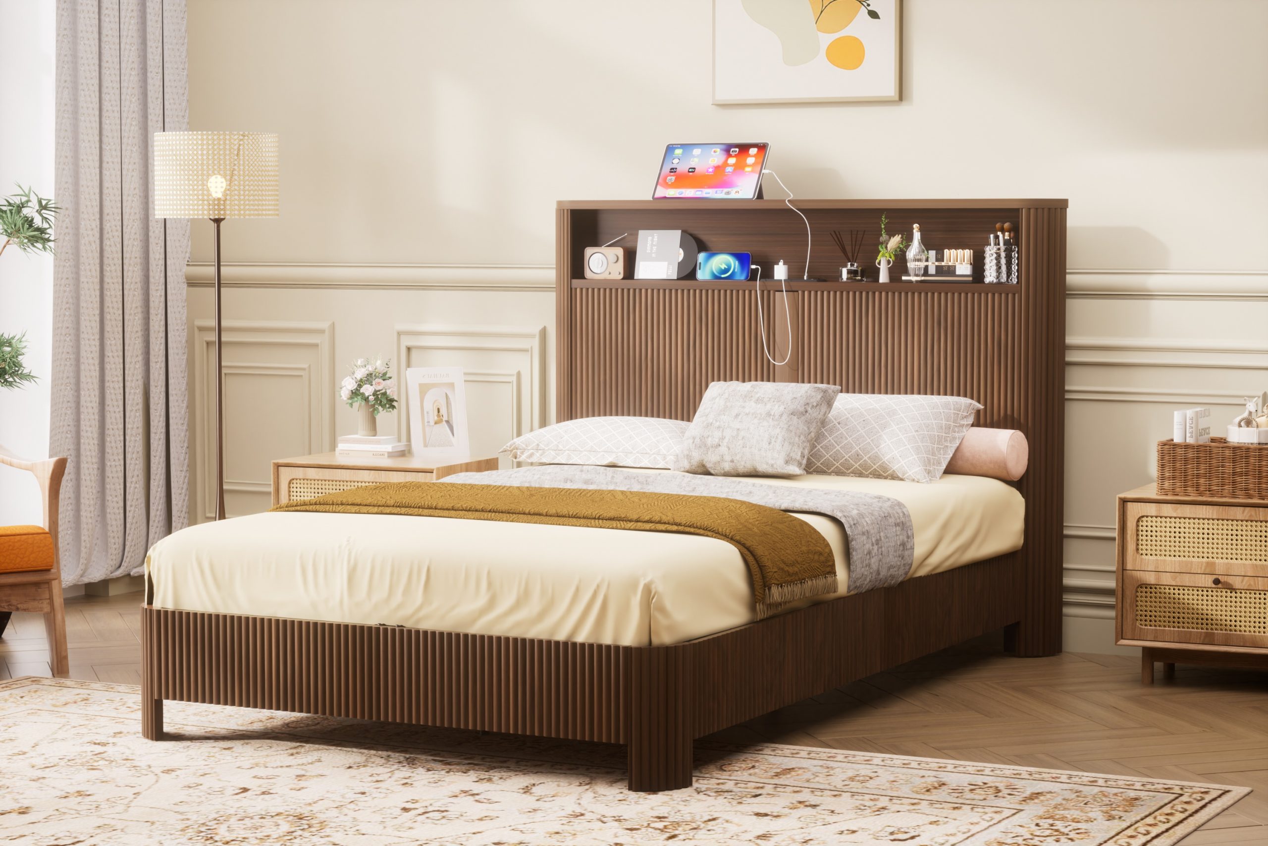 Full Extra Long(Full XL) Size bed frame with storage headboard, built-in charging station, wavy curved lines design, silent operation, metal support, Walnut - Image 3