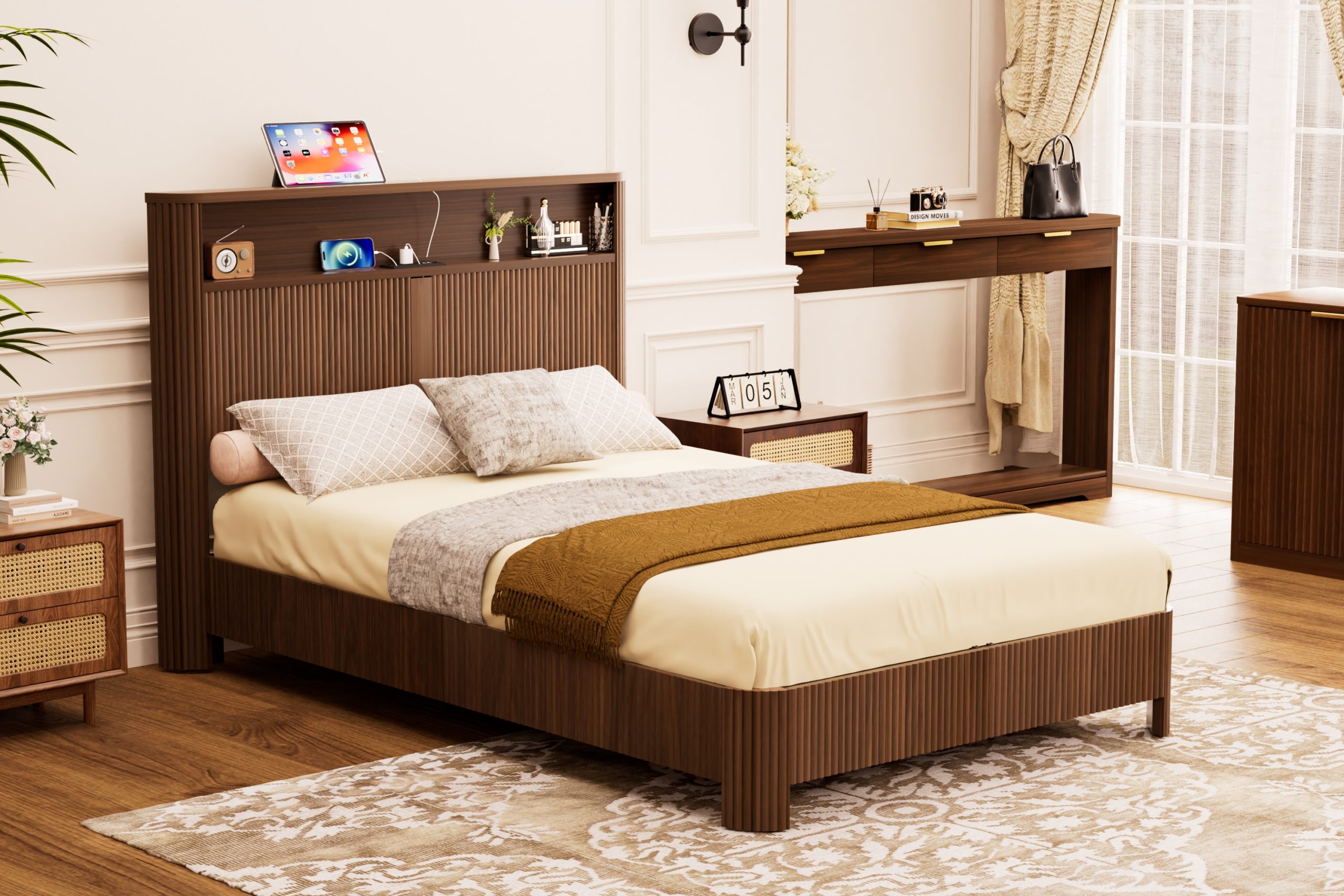Full Extra Long(Full XL) Size bed frame with storage headboard, built-in charging station, wavy curved lines design, silent operation, metal support, Walnut - Image 4