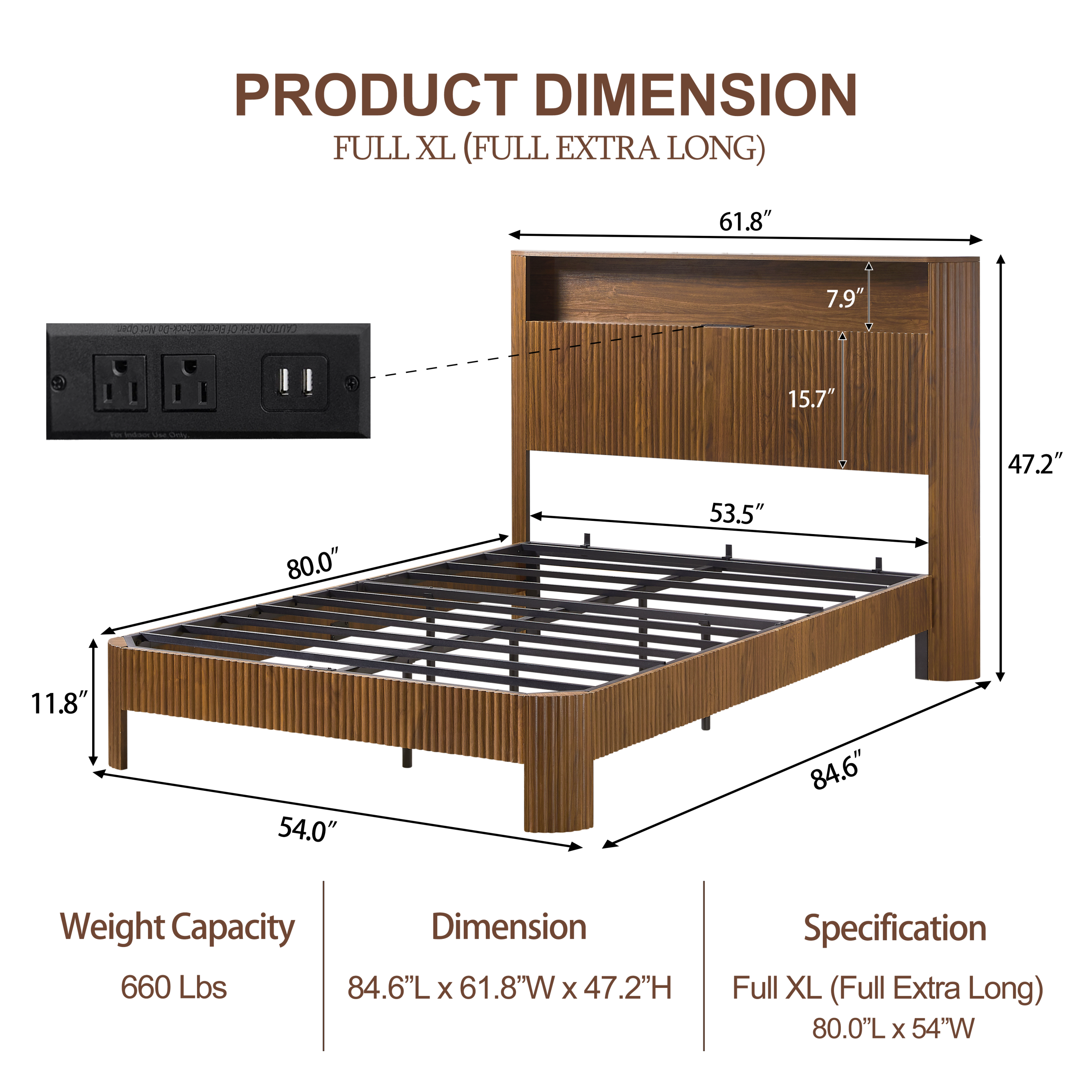 Full Extra Long(Full XL) Size bed frame with storage headboard, built-in charging station, wavy curved lines design, silent operation, metal support, Walnut - Image 5