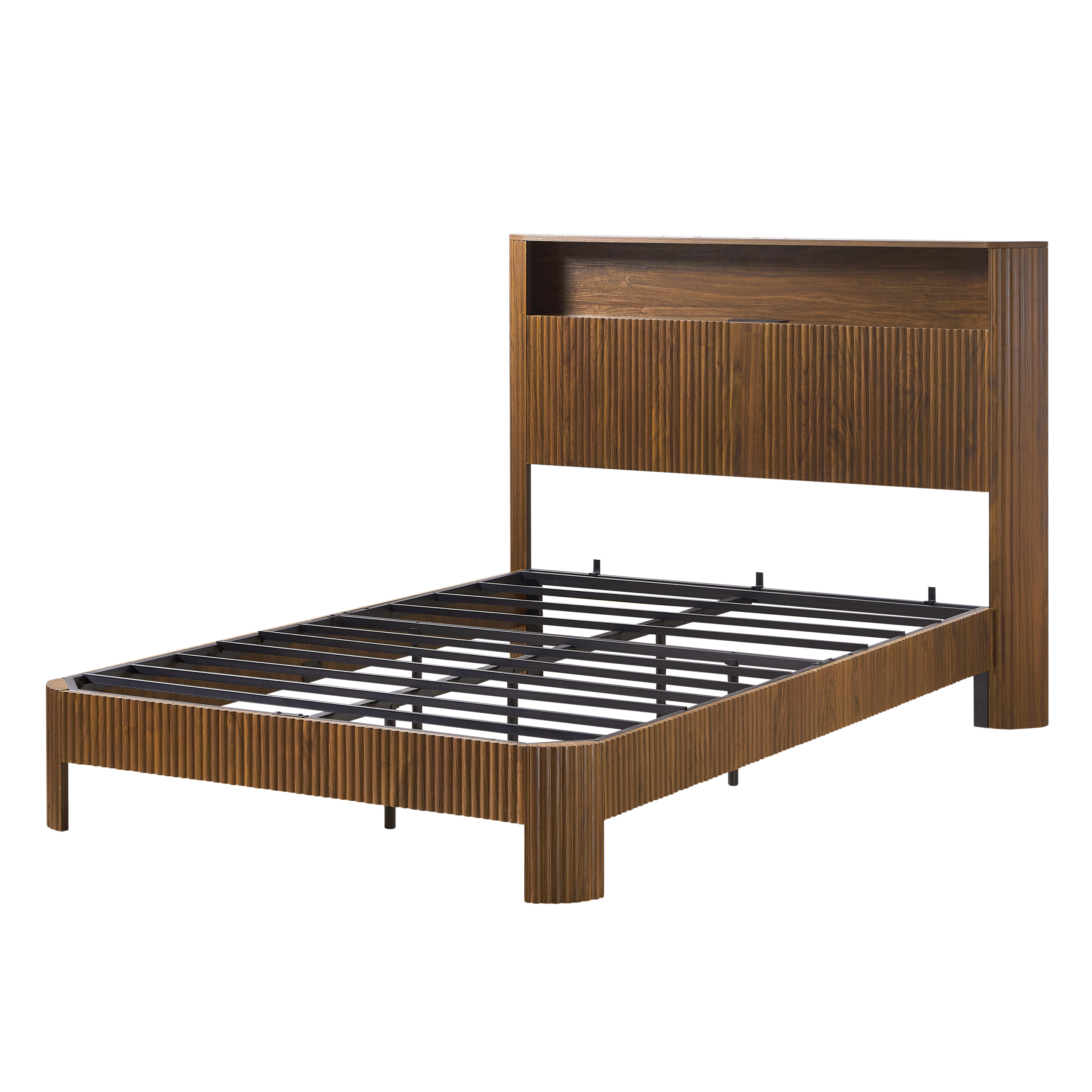 Full Extra Long(Full XL) Size bed frame with storage headboard, built-in charging station, wavy curved lines design, silent operation, metal support, Walnut - Image 6