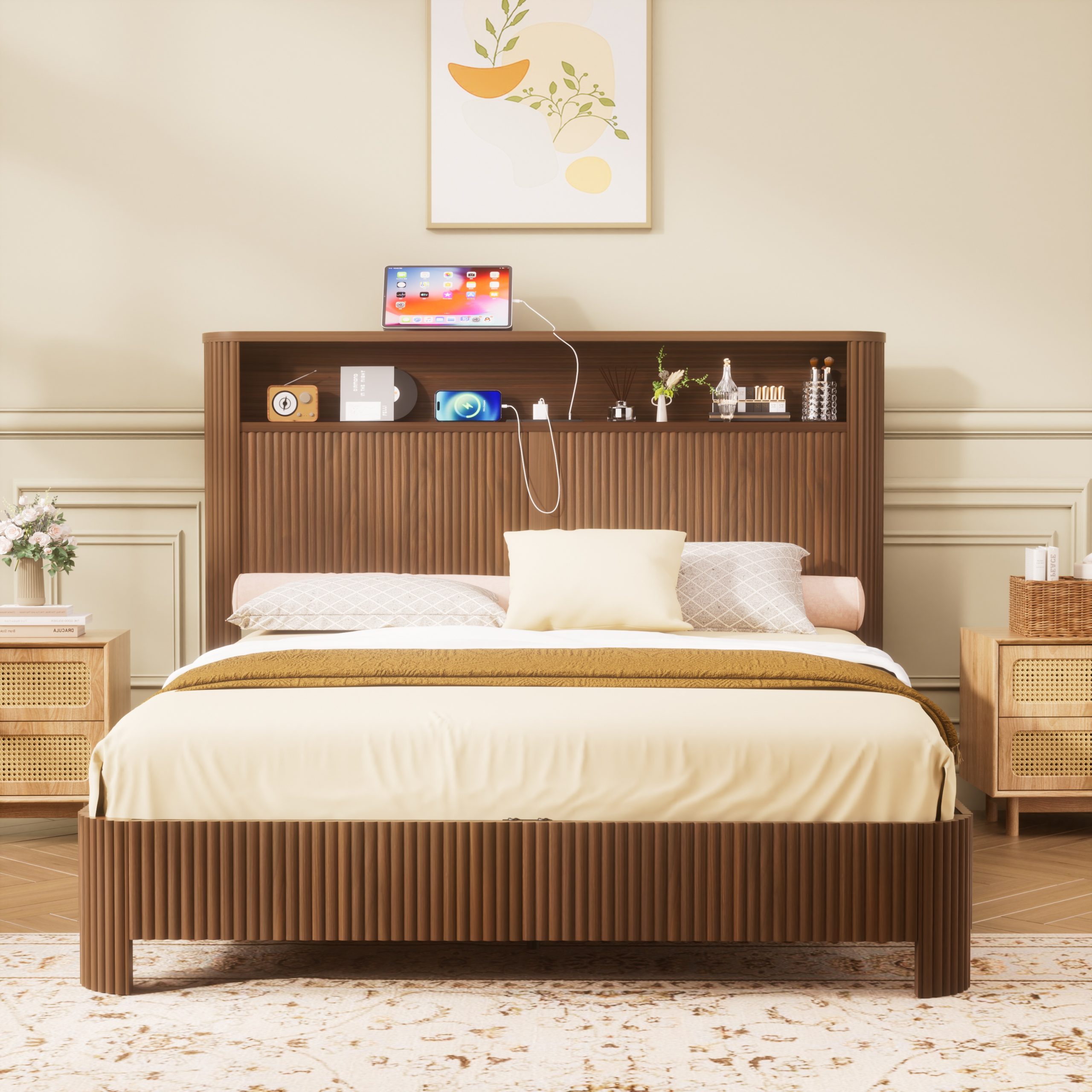 Queen-size slatted bed frame with storage, built-in charging ports, wave-shaped design, and metal support structure, Walnut - Image 1