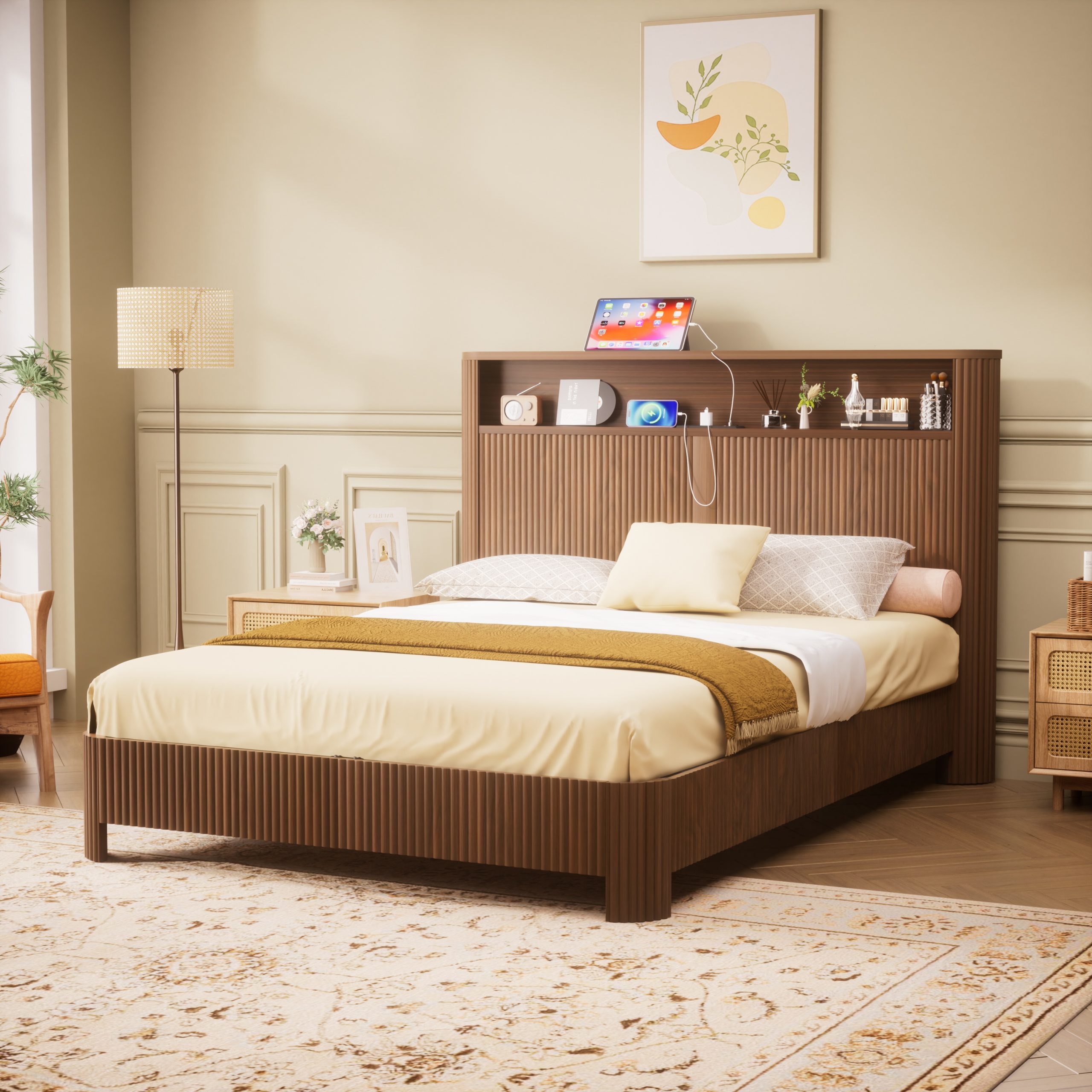 Queen-size slatted bed frame with storage, built-in charging ports, wave-shaped design, and metal support structure, Walnut - Image 2