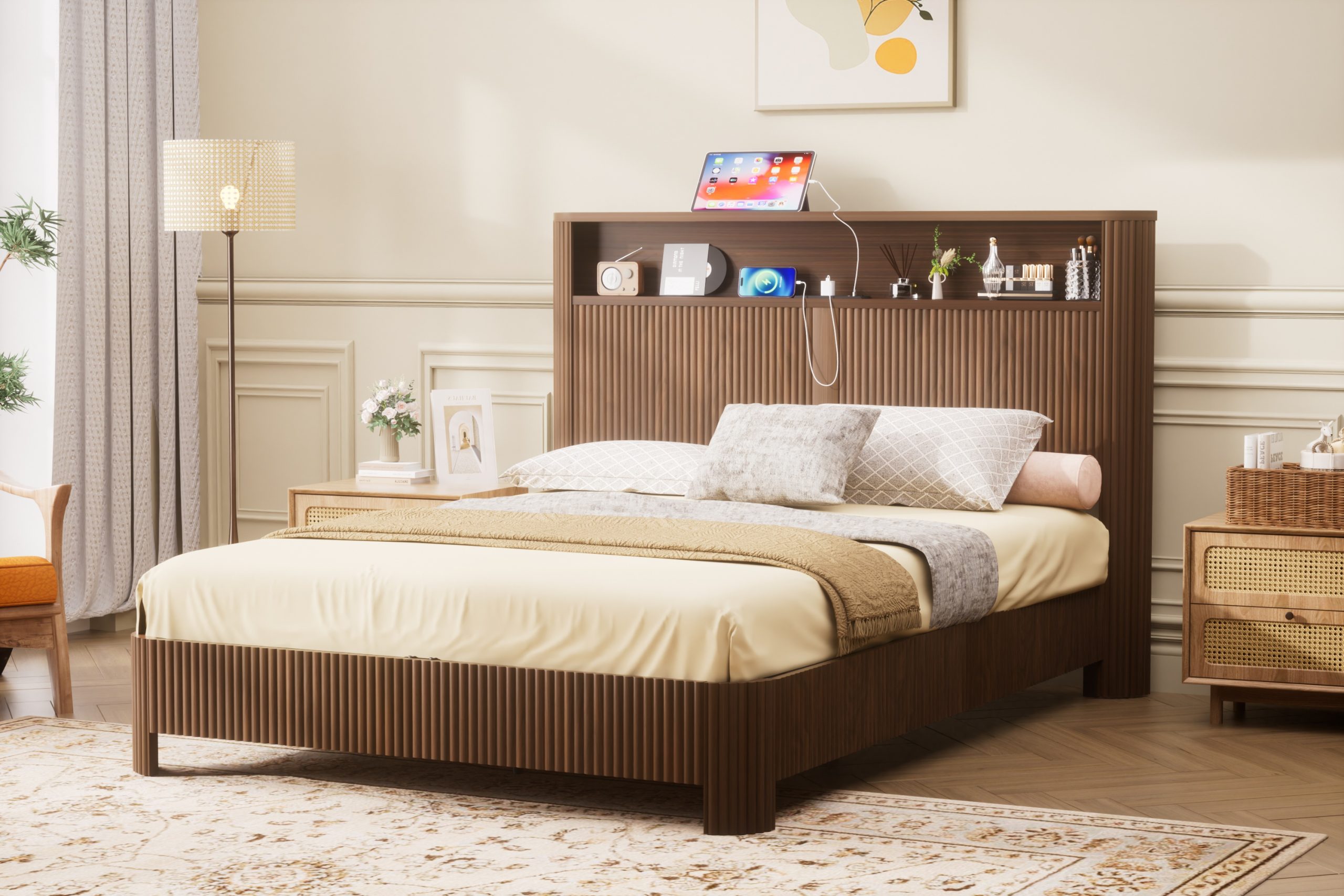 Queen-size slatted bed frame with storage, built-in charging ports, wave-shaped design, and metal support structure, Walnut - Image 3