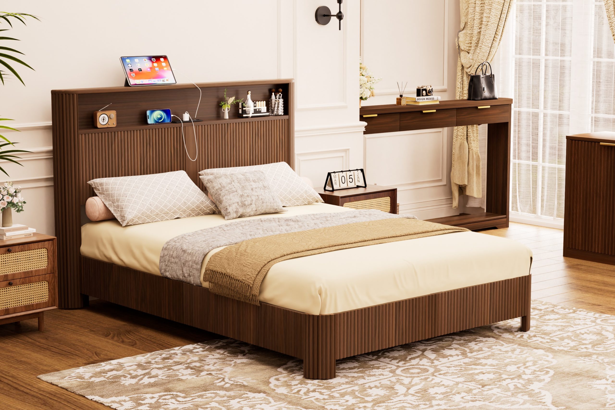 Queen-size slatted bed frame with storage, built-in charging ports, wave-shaped design, and metal support structure, Walnut - Image 4