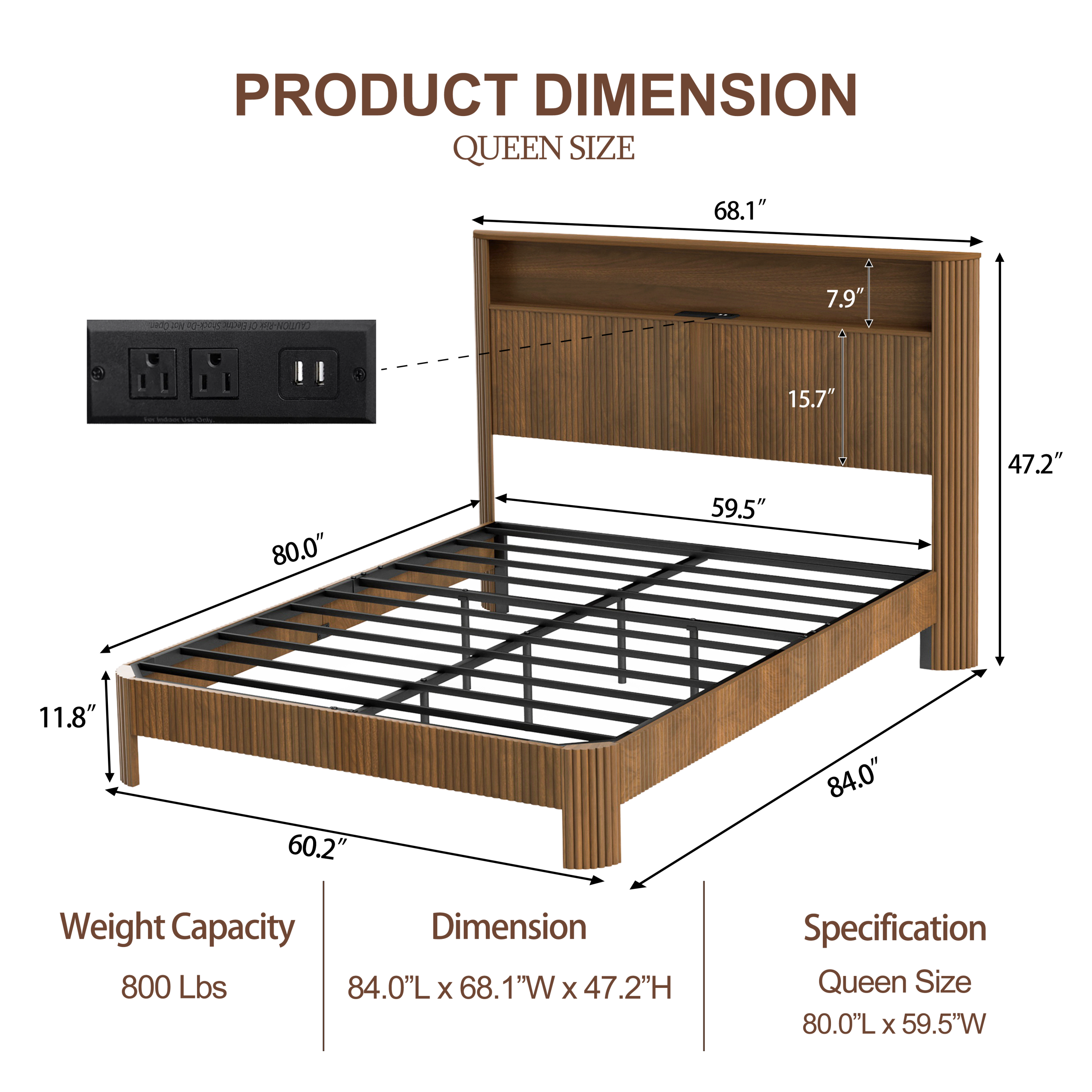 Queen-size slatted bed frame with storage, built-in charging ports, wave-shaped design, and metal support structure, Walnut - Image 5