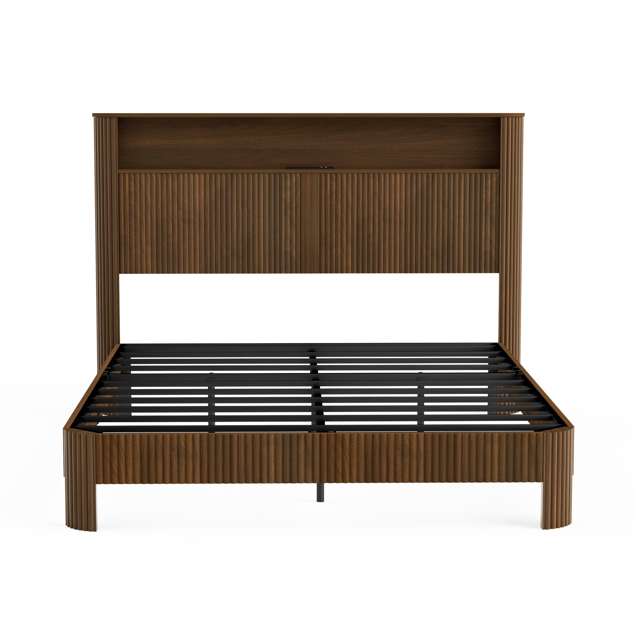 Queen-size slatted bed frame with storage, built-in charging ports, wave-shaped design, and metal support structure, Walnut - Image 6