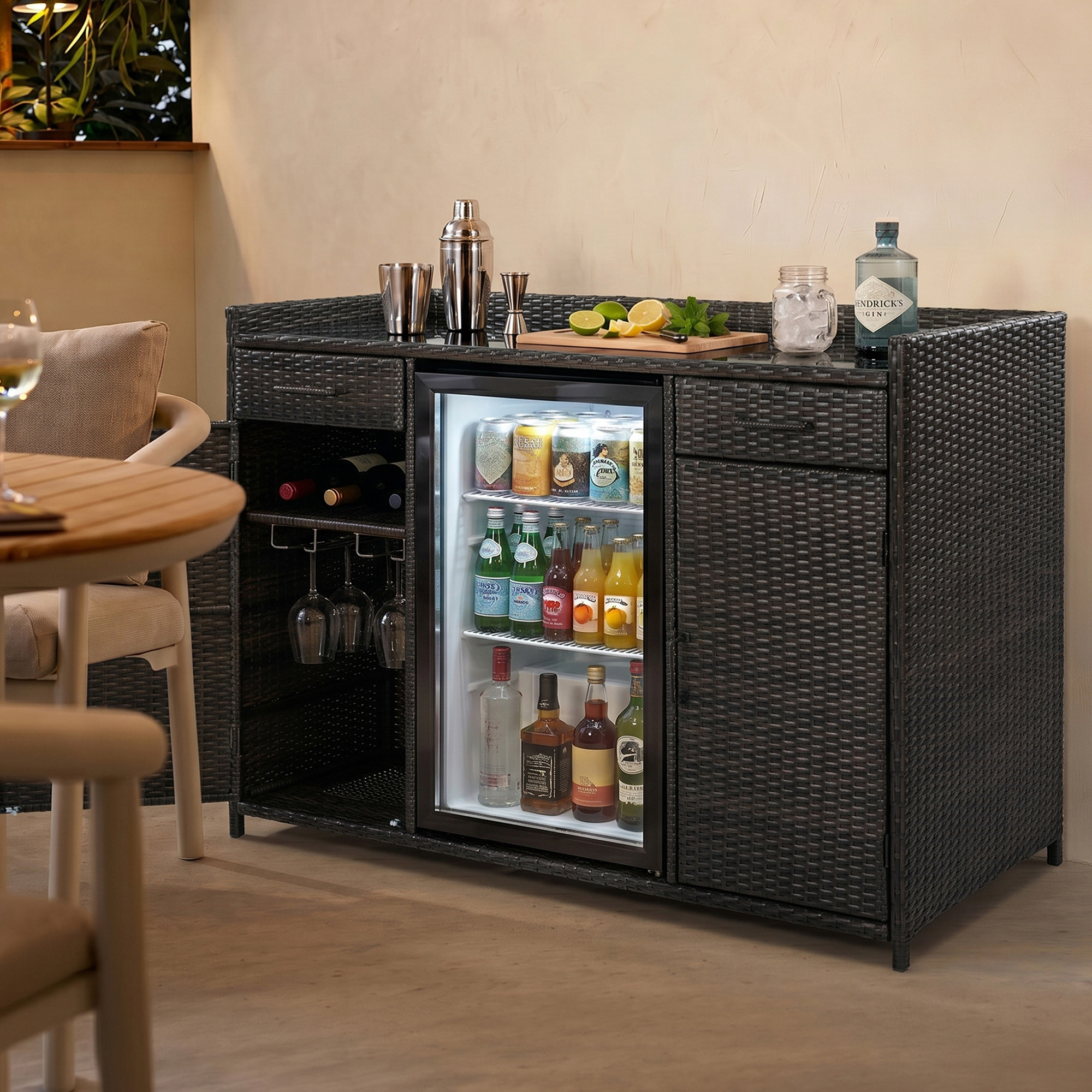 K&K 53.5"W Outdoor Wicker Storage Cabinet with Fridge Space, Weatherproof Outdoor Mini Fridge Bar Cabinet with Adjustable Shelves & Drawers for Outdoor Pool Towel Storage, Garden, Kitchen, Brown Black - Image 3