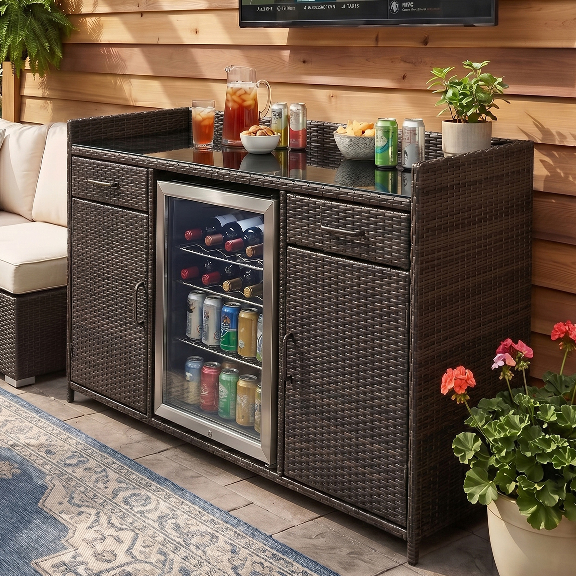 K&K 53.5"W Outdoor Wicker Storage Cabinet with Fridge Space, Weatherproof Outdoor Mini Fridge Bar Cabinet with Adjustable Shelves & Drawers for Outdoor Pool Towel Storage, Garden, Kitchen, Brown Black - Image 2