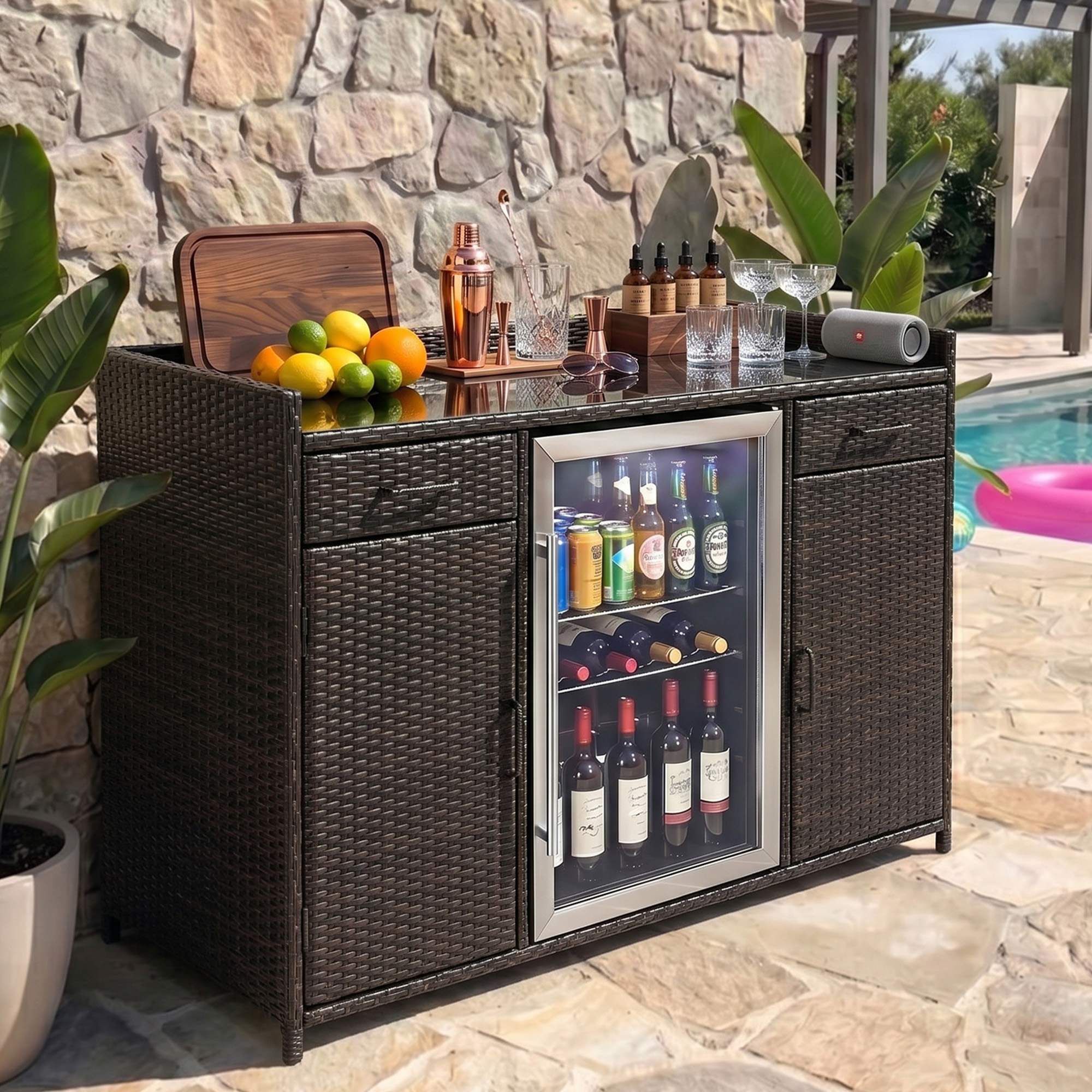 K&K 53.5"W Outdoor Wicker Storage Cabinet with Fridge Space, Weatherproof Outdoor Mini Fridge Bar Cabinet with Adjustable Shelves & Drawers for Outdoor Pool Towel Storage, Garden, Kitchen, Brown Black - Image 4