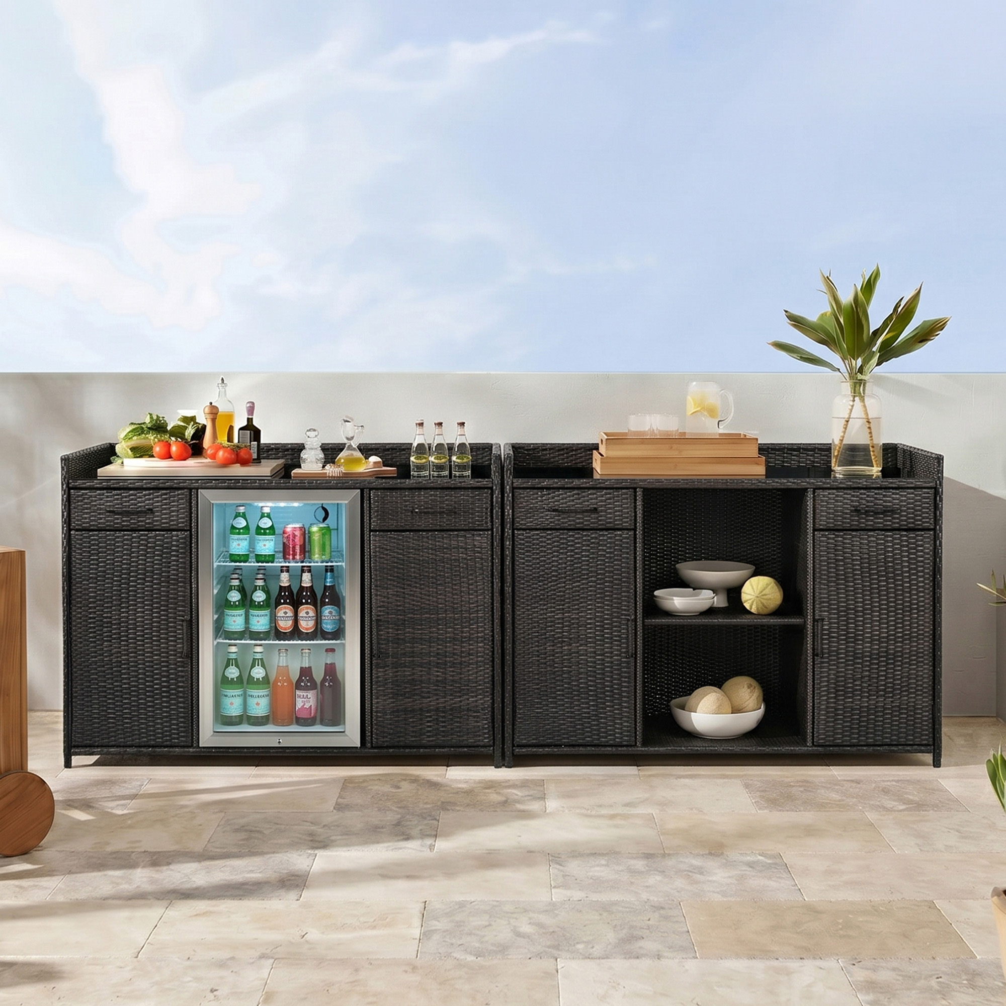 K&K 53.5"W Outdoor Wicker Storage Cabinet with Fridge Space, Weatherproof Outdoor Mini Fridge Bar Cabinet with Adjustable Shelves & Drawers for Outdoor Pool Towel Storage, Garden, Kitchen, Brown Black - Image 5