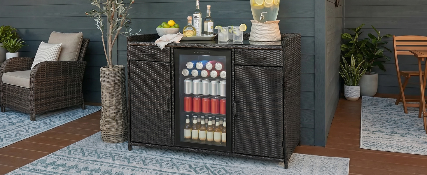 K&K 53.5"W Outdoor Wicker Storage Cabinet with Fridge Space, Weatherproof Outdoor Mini Fridge Bar Cabinet with Adjustable Shelves & Drawers for Outdoor Pool Towel Storage, Garden, Kitchen, Brown Black - Image 6
