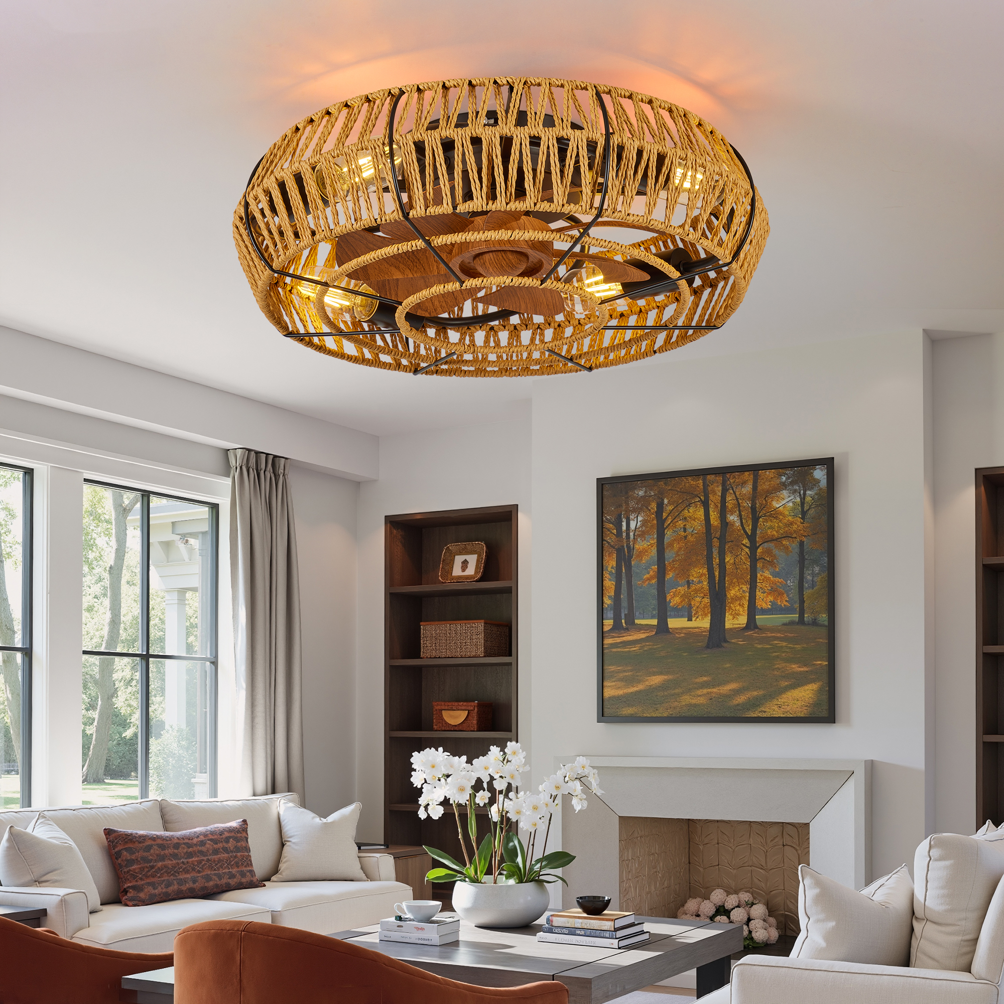 19" Caged Ceiling Fans with Lights and Remote, Boho Flush Mount Ceiling Fan with Light, Low Profile Chandelier 6 Speed Bladeless Reversible Ceiling Fan . for Living Room Bedroom. - Image 2