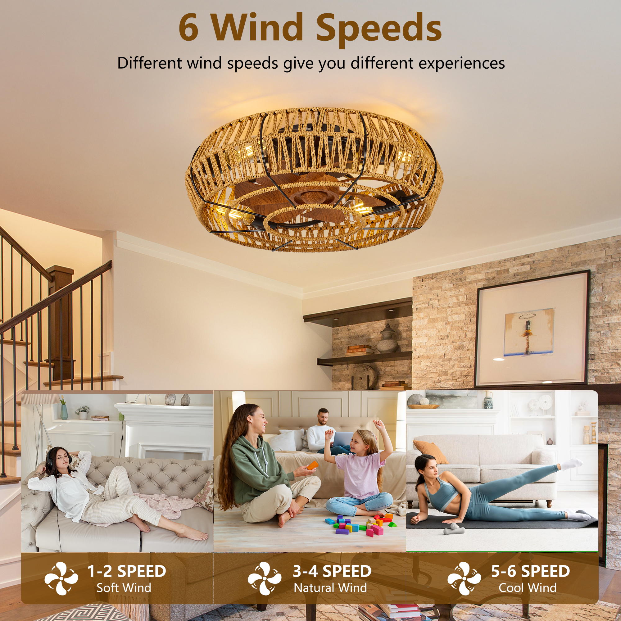 19" Caged Ceiling Fans with Lights and Remote, Boho Flush Mount Ceiling Fan with Light, Low Profile Chandelier 6 Speed Bladeless Reversible Ceiling Fan . for Living Room Bedroom. - Image 3