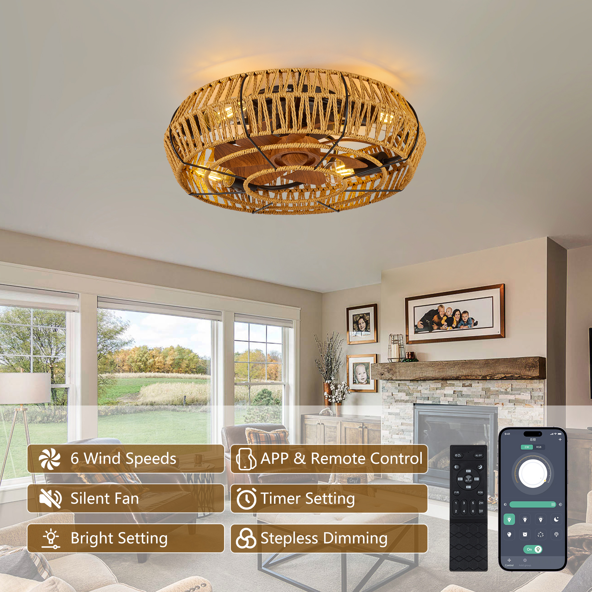 19" Caged Ceiling Fans with Lights and Remote, Boho Flush Mount Ceiling Fan with Light, Low Profile Chandelier 6 Speed Bladeless Reversible Ceiling Fan . for Living Room Bedroom. - Image 5