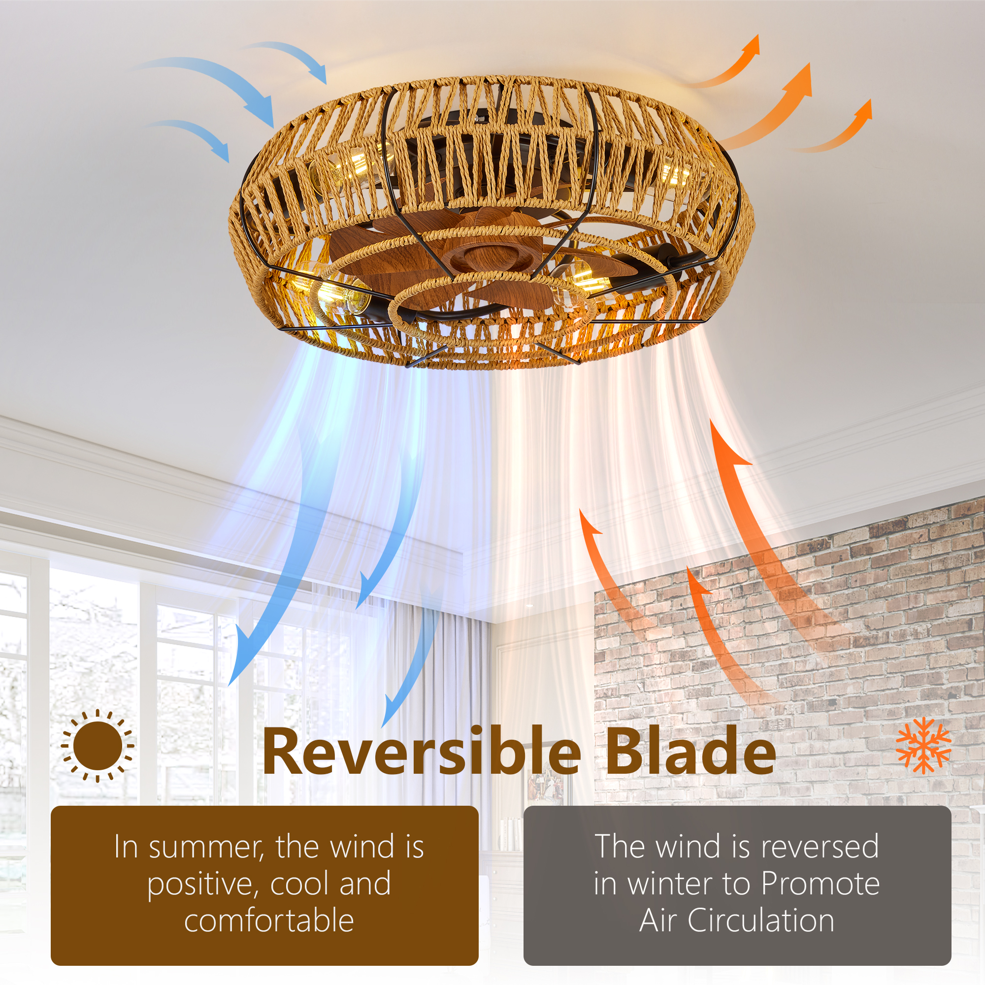 19" Caged Ceiling Fans with Lights and Remote, Boho Flush Mount Ceiling Fan with Light, Low Profile Chandelier 6 Speed Bladeless Reversible Ceiling Fan . for Living Room Bedroom. - Image 6