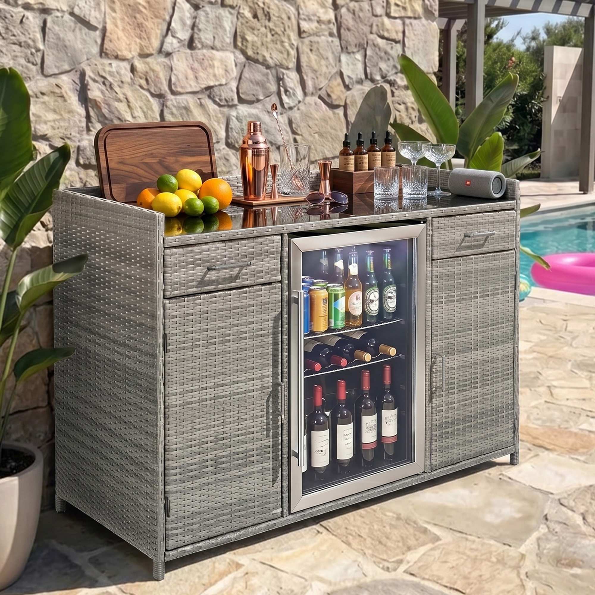 K&K 53.5"W Outdoor Wicker Storage Cabinet with Fridge Space, Weatherproof Outdoor Mini Fridge Bar Cabinet with Adjustable Shelves & Drawers for Outdoor Pool Towel Storage, Garden, Kitchen, Grey - Image 2