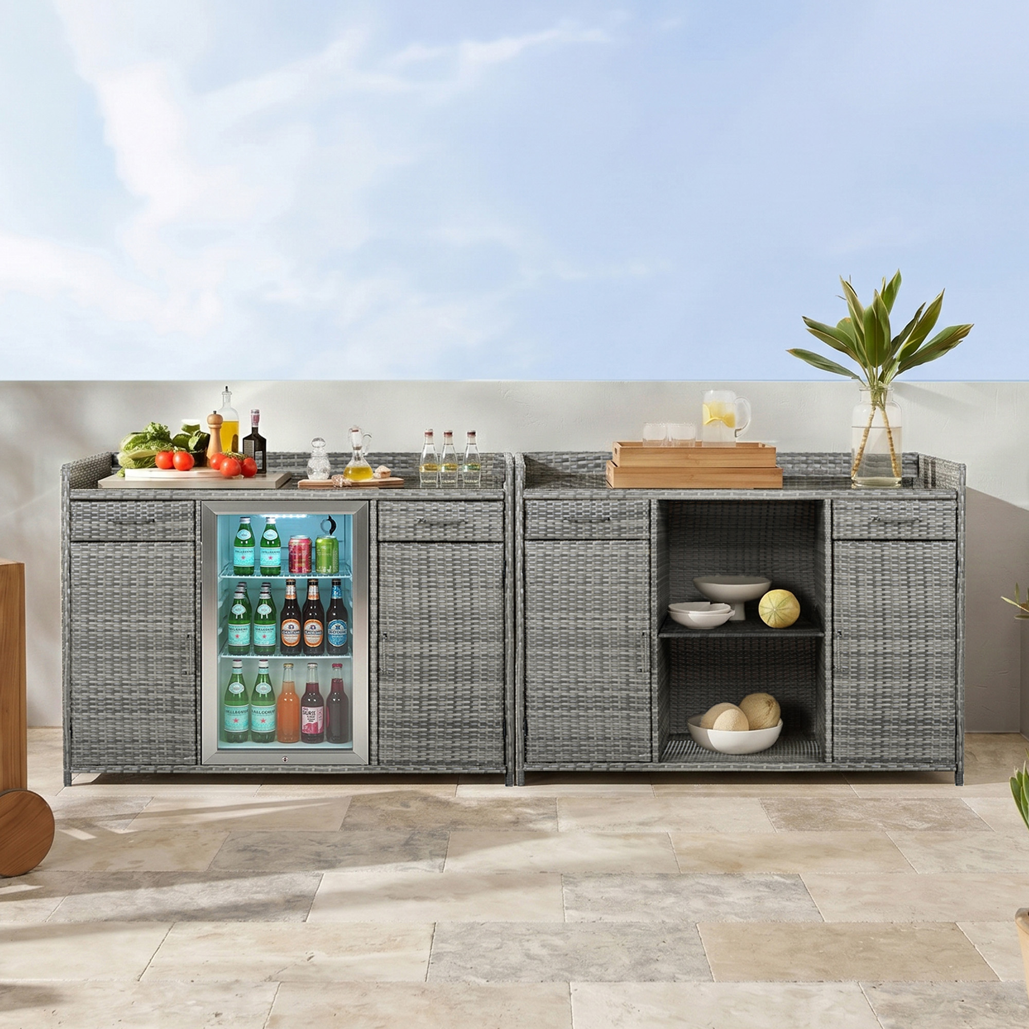 K&K 53.5"W Outdoor Wicker Storage Cabinet with Fridge Space, Weatherproof Outdoor Mini Fridge Bar Cabinet with Adjustable Shelves & Drawers for Outdoor Pool Towel Storage, Garden, Kitchen, Grey - Image 3