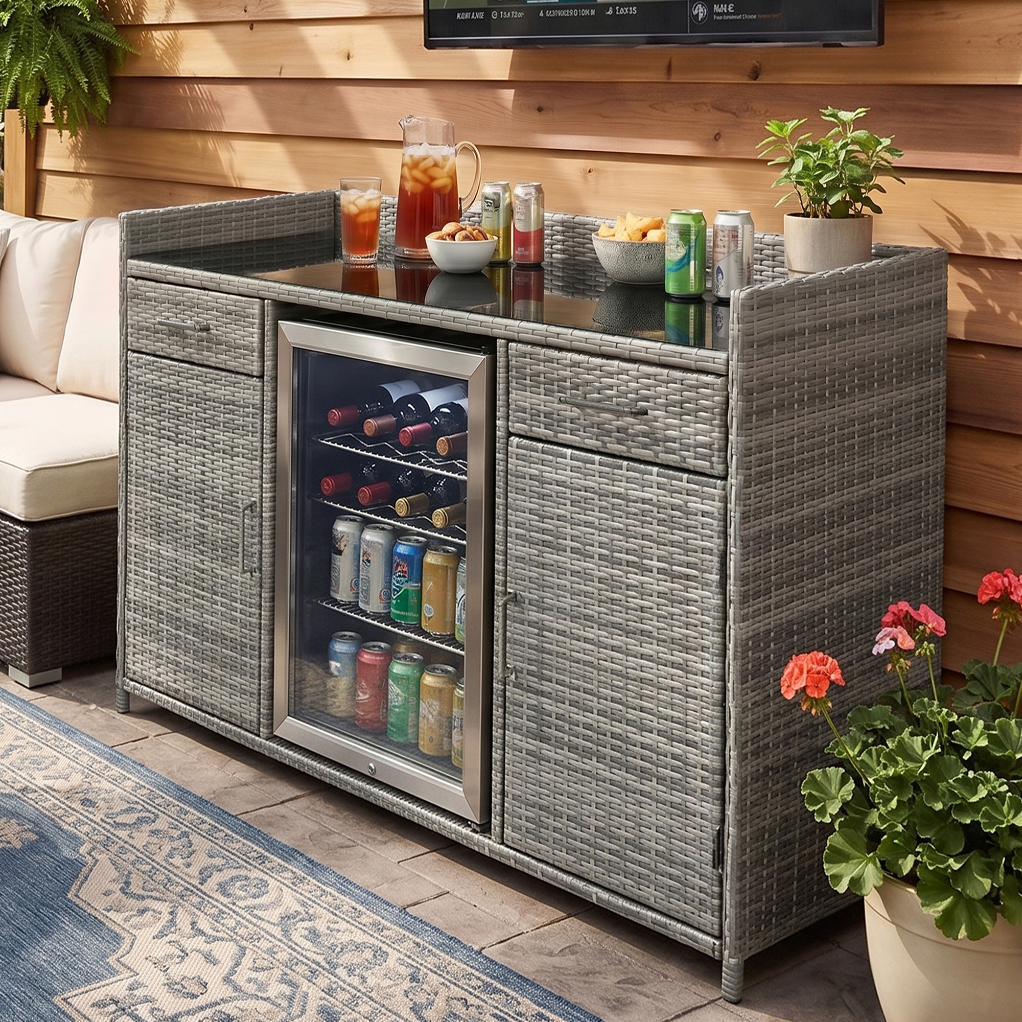 K&K 53.5"W Outdoor Wicker Storage Cabinet with Fridge Space, Weatherproof Outdoor Mini Fridge Bar Cabinet with Adjustable Shelves & Drawers for Outdoor Pool Towel Storage, Garden, Kitchen, Grey - Image 4