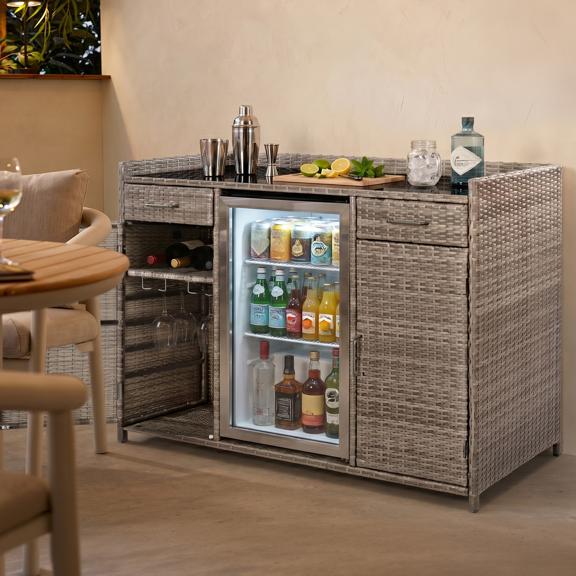 K&K 53.5"W Outdoor Wicker Storage Cabinet with Fridge Space, Weatherproof Outdoor Mini Fridge Bar Cabinet with Adjustable Shelves & Drawers for Outdoor Pool Towel Storage, Garden, Kitchen, Grey - Image 5