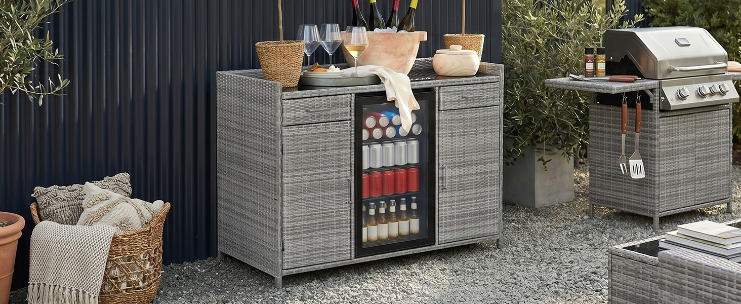 K&K 53.5"W Outdoor Wicker Storage Cabinet with Fridge Space, Weatherproof Outdoor Mini Fridge Bar Cabinet with Adjustable Shelves & Drawers for Outdoor Pool Towel Storage, Garden, Kitchen, Grey - Image 6