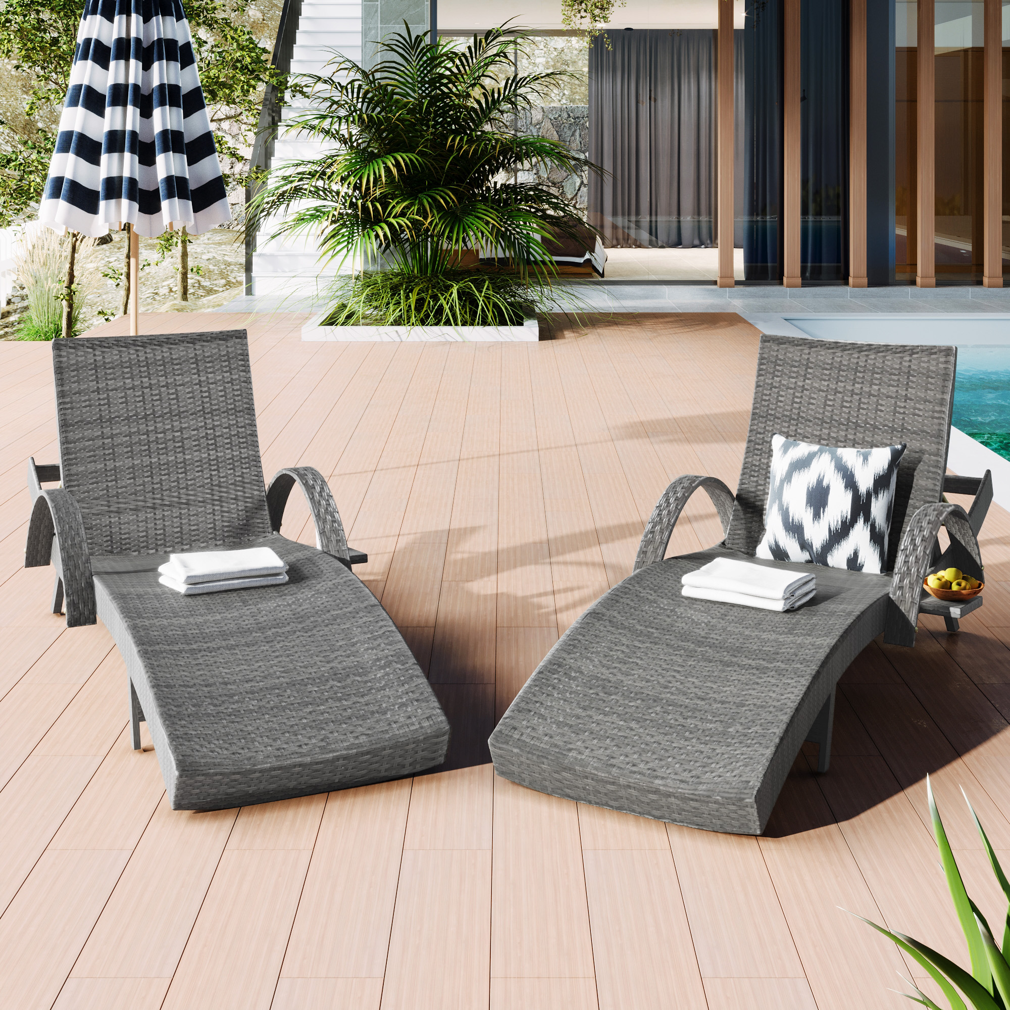 K&K 80'' Outdoor Wicker Chaise Lounge Chairs Set of 2, Patio Rattan Reclining Chair Pull-out Side Table w/ 5-Level Adjustable Backrest Ergonomic Wave Design Pool Sunbathing Recliners, Grey - Image 5