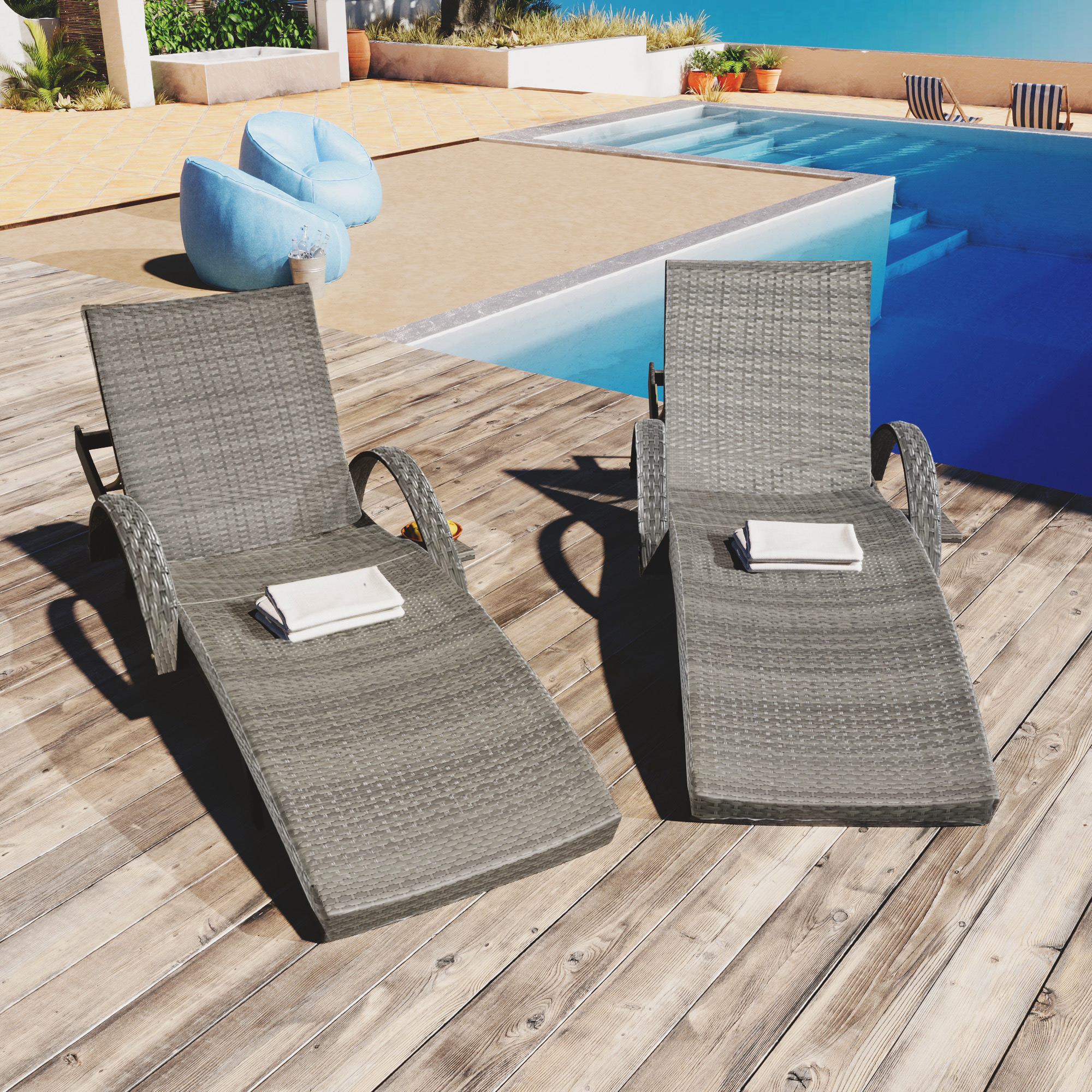 K&K 80'' Outdoor Wicker Chaise Lounge Chairs Set of 2, Patio Rattan Reclining Chair Pull-out Side Table w/ 5-Level Adjustable Backrest Ergonomic Wave Design Pool Sunbathing Recliners, Grey - Image 6
