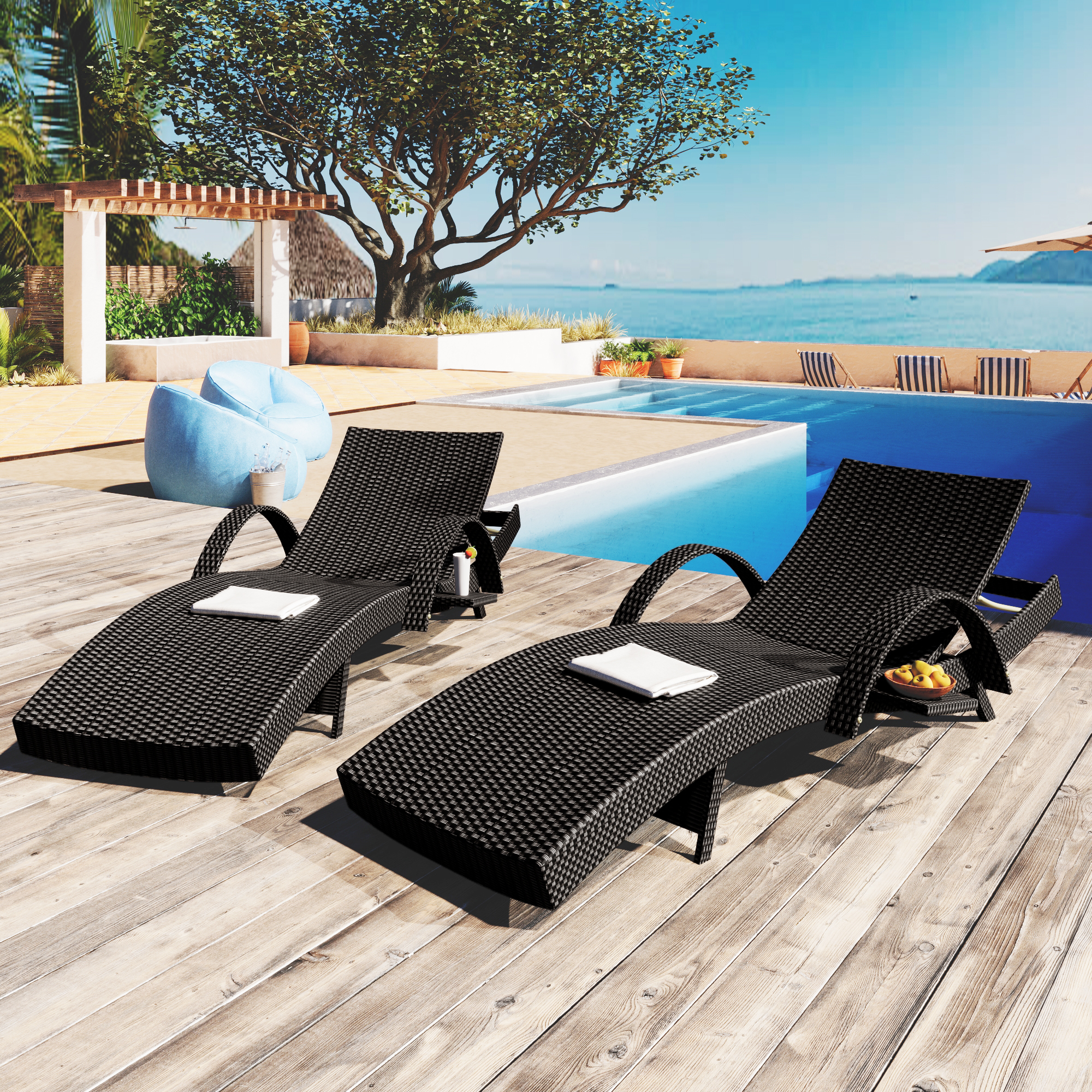 K&K 80'' Outdoor Wicker Chaise Lounge Chairs Set of 2, Patio Rattan Reclining Chair Pull-out Side Table w/ 5-Level Adjustable Backrest Ergonomic Wave Design Pool Sunbathing Recliners, Black - Image 3