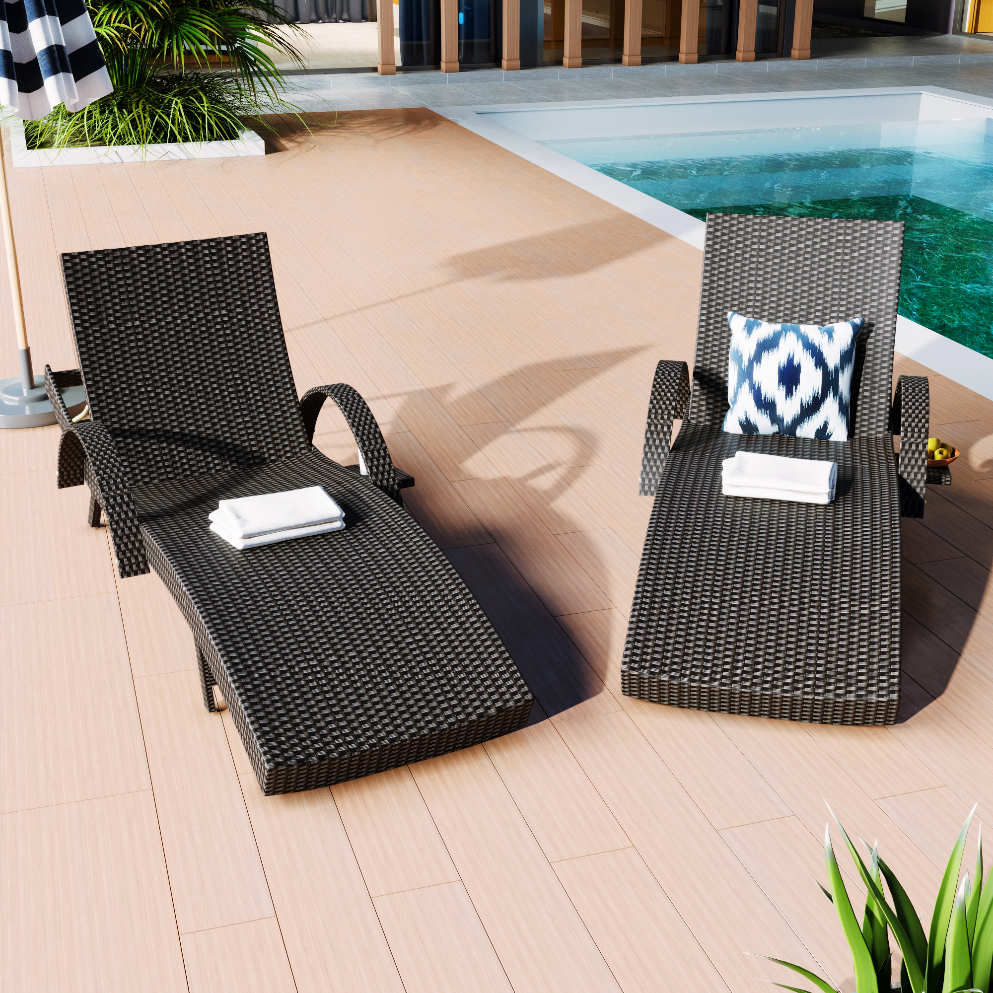 K&K 80'' Outdoor Wicker Chaise Lounge Chairs Set of 2, Patio Rattan Reclining Chair Pull-out Side Table w/ 5-Level Adjustable Backrest Ergonomic Wave Design Pool Sunbathing Recliners, Black - Image 4