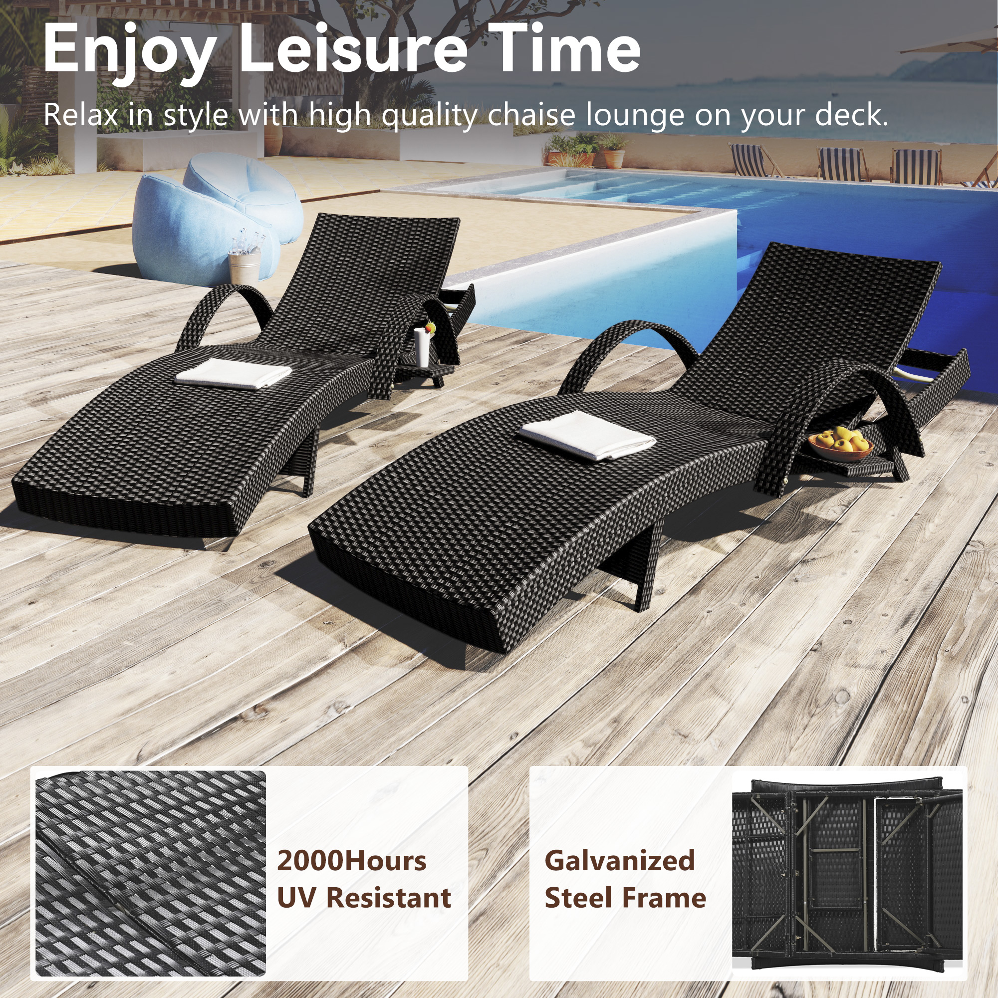 K&K 80'' Outdoor Wicker Chaise Lounge Chairs Set of 2, Patio Rattan Reclining Chair Pull-out Side Table w/ 5-Level Adjustable Backrest Ergonomic Wave Design Pool Sunbathing Recliners, Black - Image 5