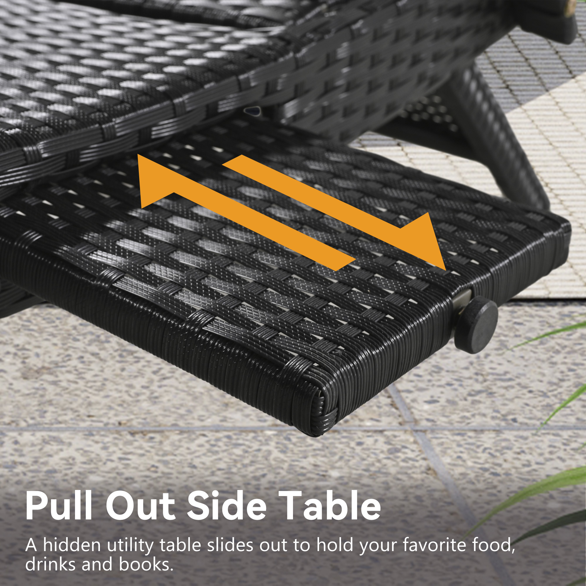K&K 80'' Outdoor Wicker Chaise Lounge Chairs Set of 2, Patio Rattan Reclining Chair Pull-out Side Table w/ 5-Level Adjustable Backrest Ergonomic Wave Design Pool Sunbathing Recliners, Black - Image 6