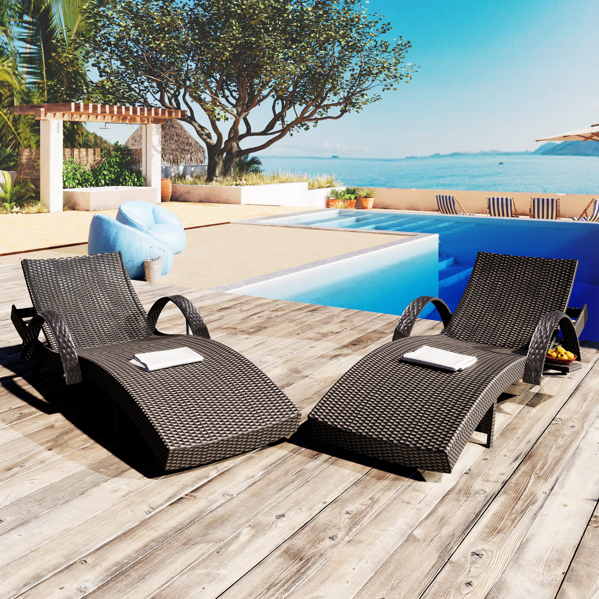 K&K 80'' Outdoor Wicker Chaise Lounge Chairs Set of 2, Patio Rattan Reclining Chair Pull-out Side Table w/ 5 - Level Adjustable Backrest Ergonomic Wave Design Pool Sunbathing Recliners, Dark Brown - Image 6